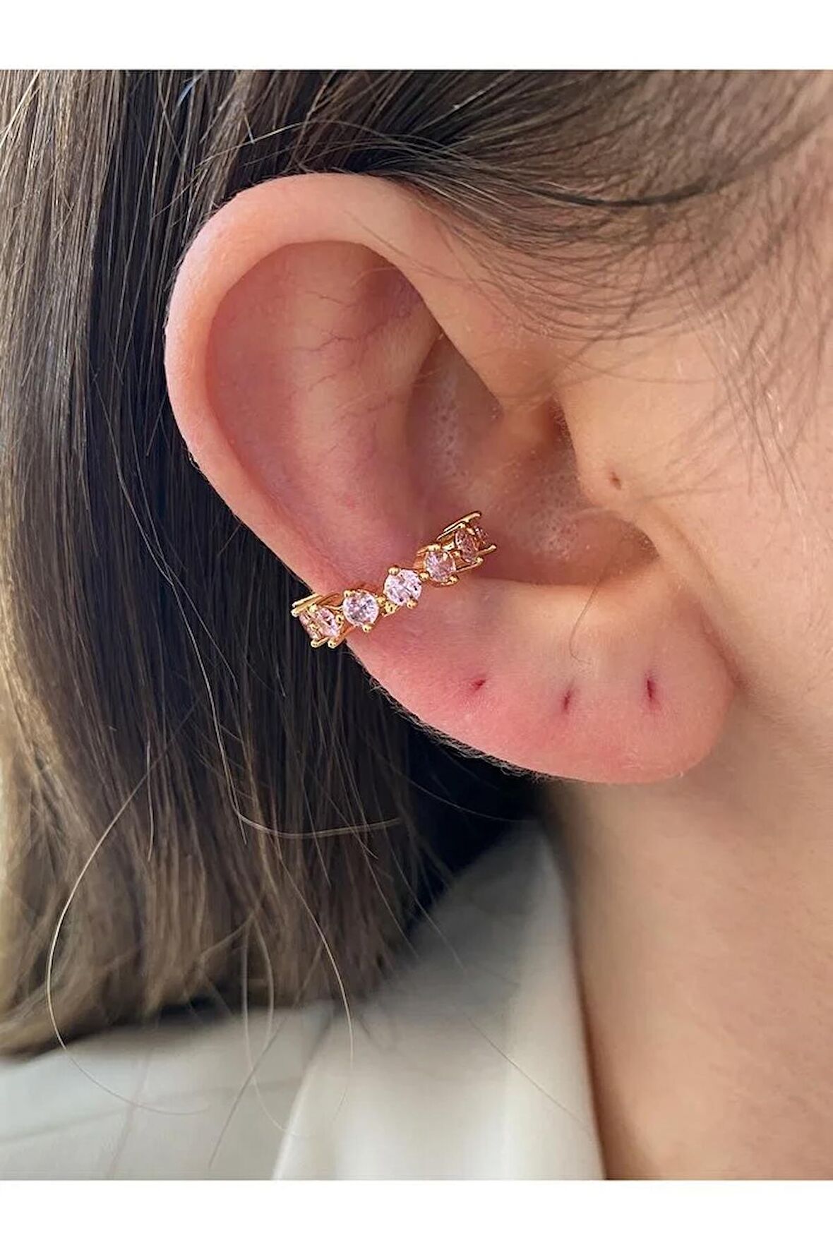 Pembe Oval Taşlı Altın Kaplama Kadın Earcuff Kıkırdak Küpe