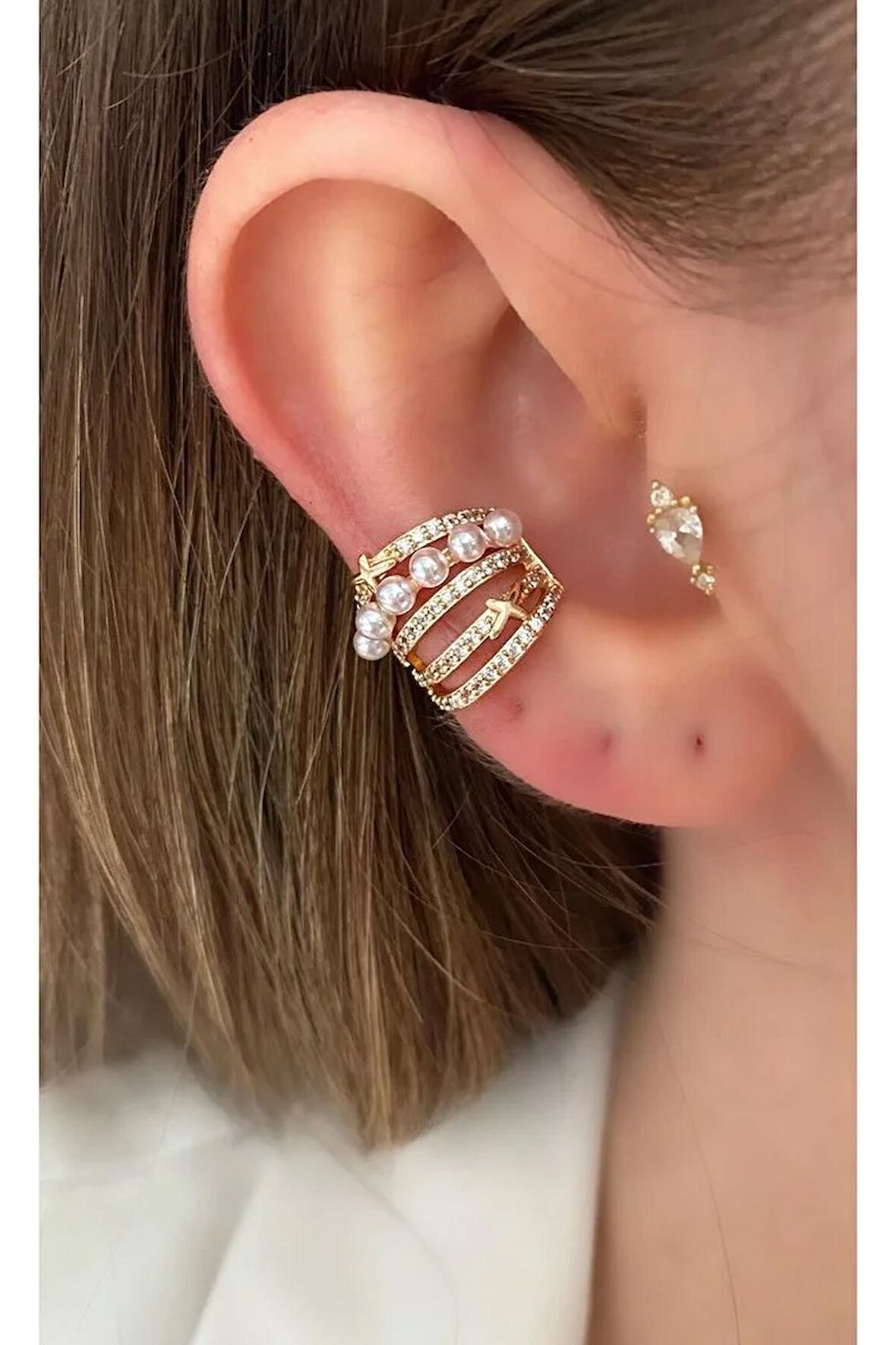 5 Sıra Taşlı Incili Kıkırdak Küpe Earcuff