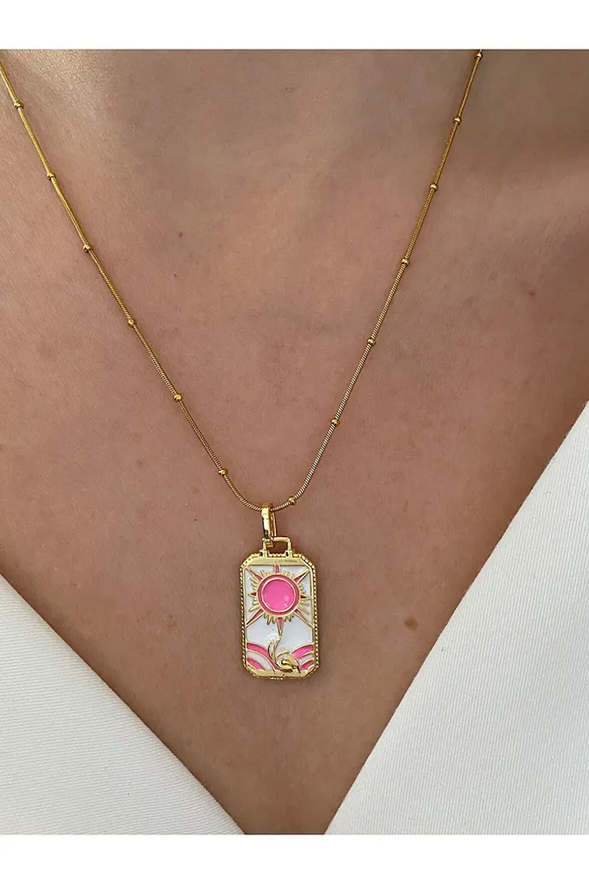 VIP SERİ - Sedefli Pembe Güneş Kararmaz Çelik Kadın Gold Kolye