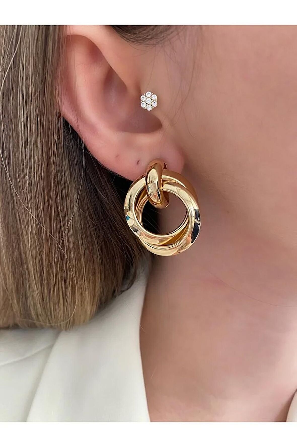 Gold Halka Iç Içe Geçmeli Küpe