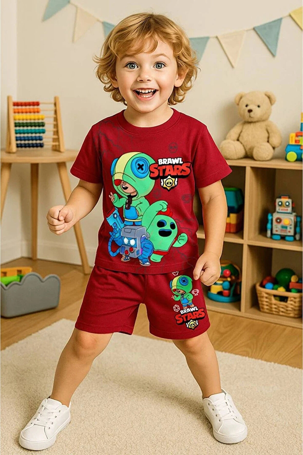 PJKSKT Brawl Stars Desenli Kırmızı Şortlu Erkek Çocuk Kısa Kol Takım 7508-K