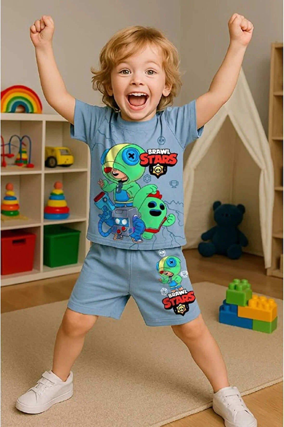 PJKSKT Brawl Stars Desenli Mavi Şortlu Erkek Çocuk Kısa Kol Takım 7508-M