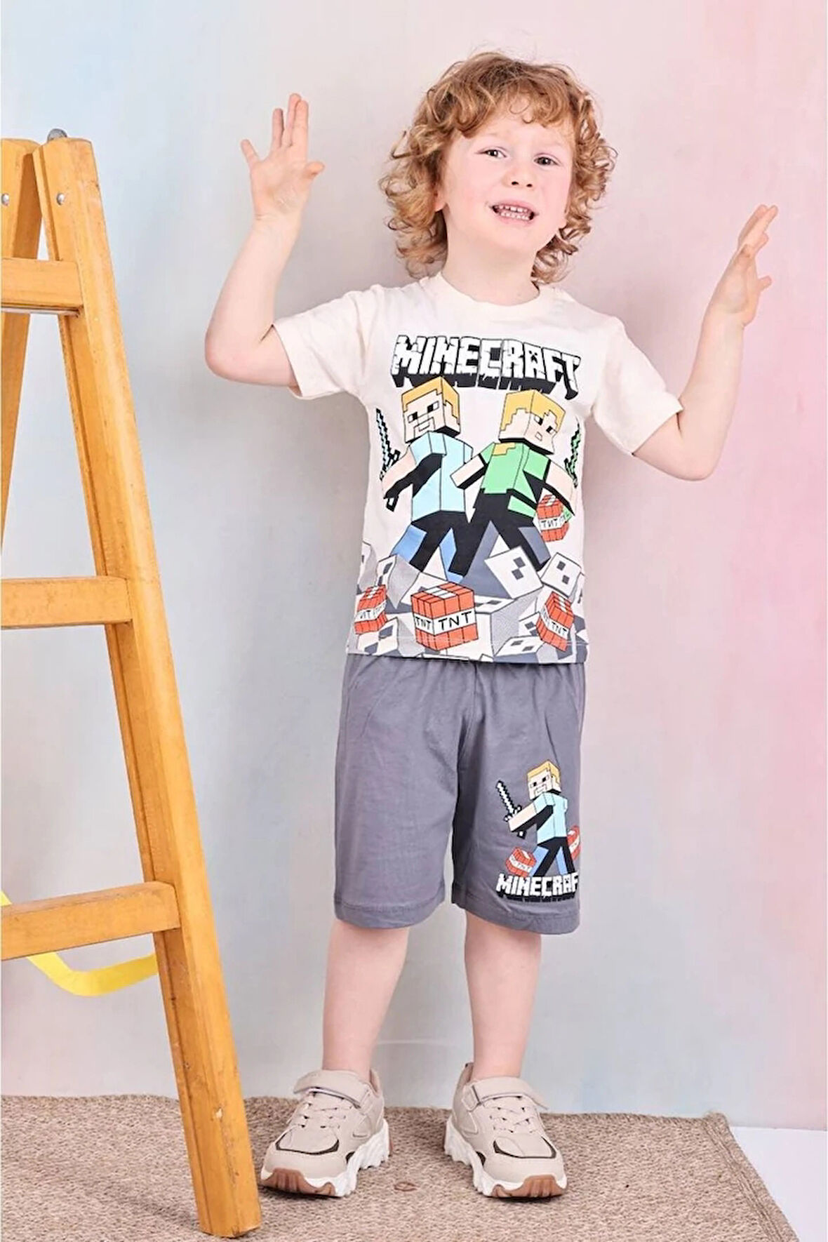 PJKSKT Minec Desenli Füme Şortlu Erkek Çocuk Kısa Kol Takım 7525-F