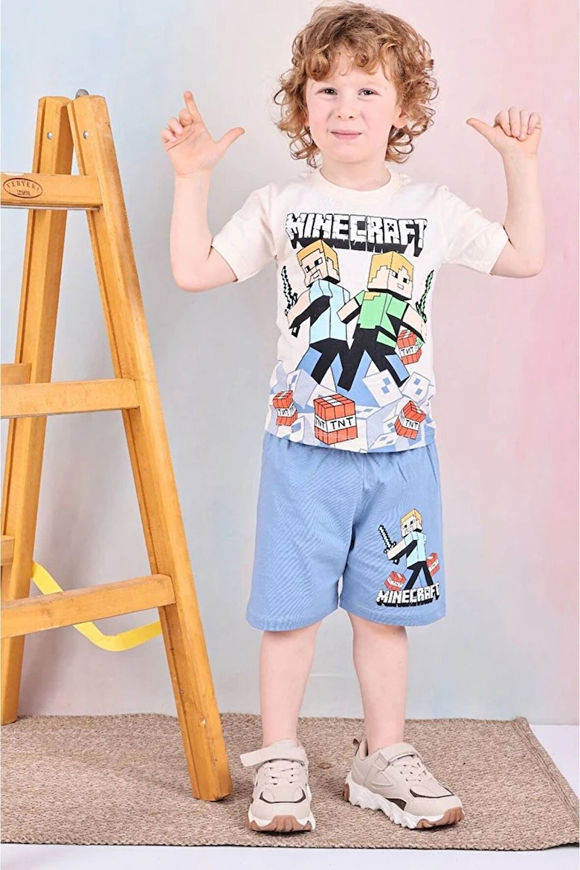 PJKSKT Minec Desenli Mavi Şortlu Erkek Çocuk Kısa Kol Takım 7525-M