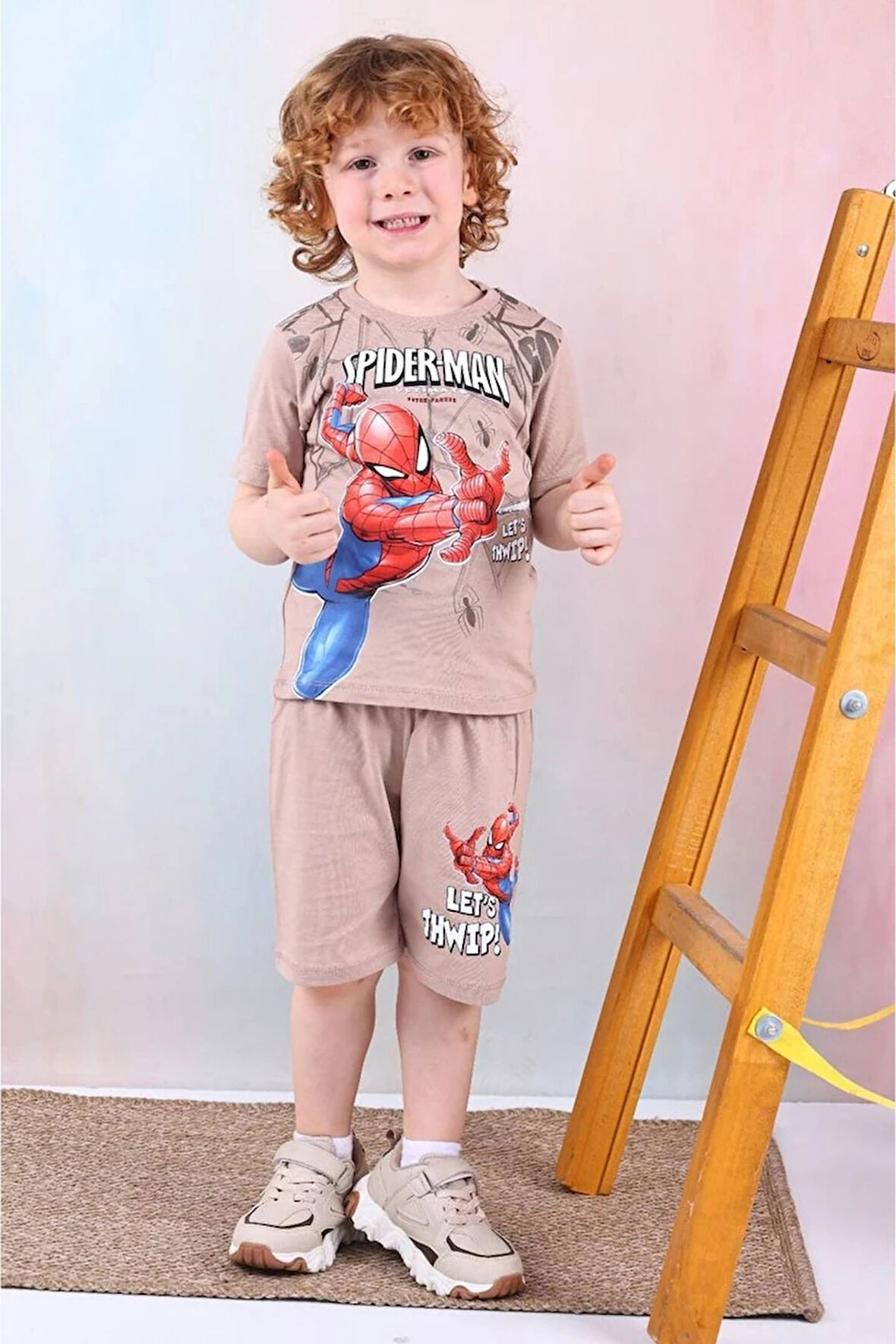 PJKSKT Örümcek Adam Desenli Bej Şortlu Erkek Çocuk Kısa Kol Takım 7526-B