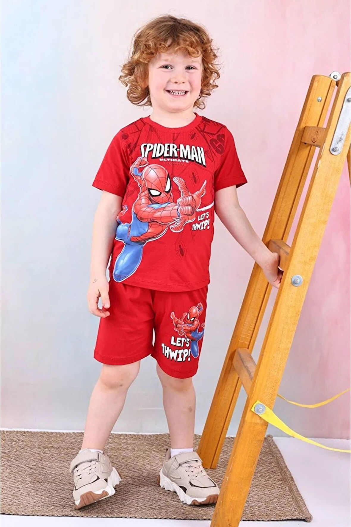 PJKSKT Örümcek Adam Desenli Kırmızı Şortlu Erkek Çocuk Kısa Kol Takım 7526-K