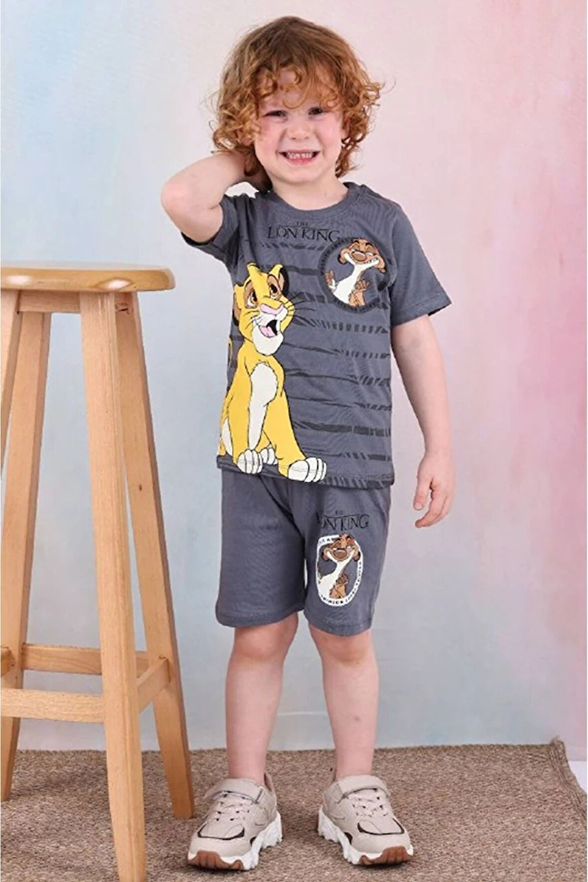 PJKSKT Lion King Desenli Füme Şortlu Erkek Çocuk Kısa Kol Takım 7530-F