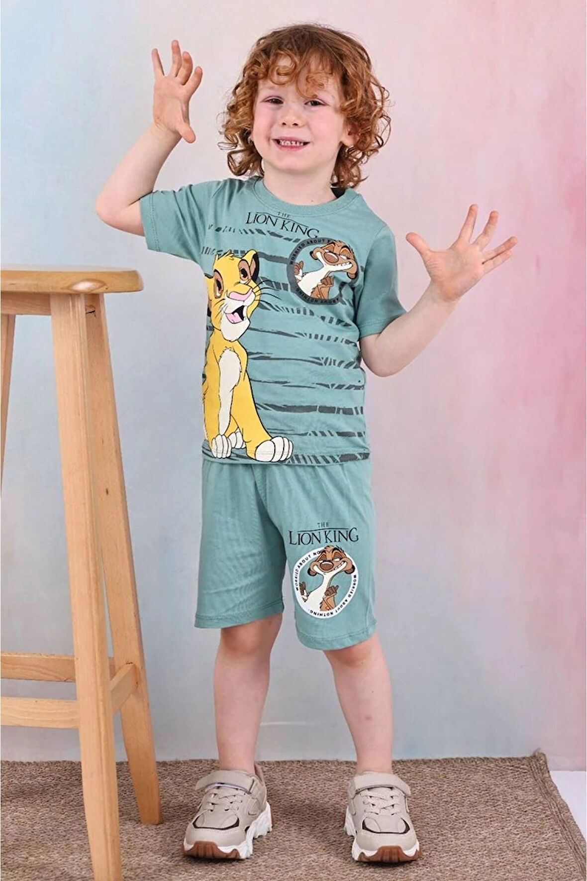 PJKSKT Lion King Desenli Yeşil Şortlu Erkek Çocuk Kısa Kol Takım 7530-Y