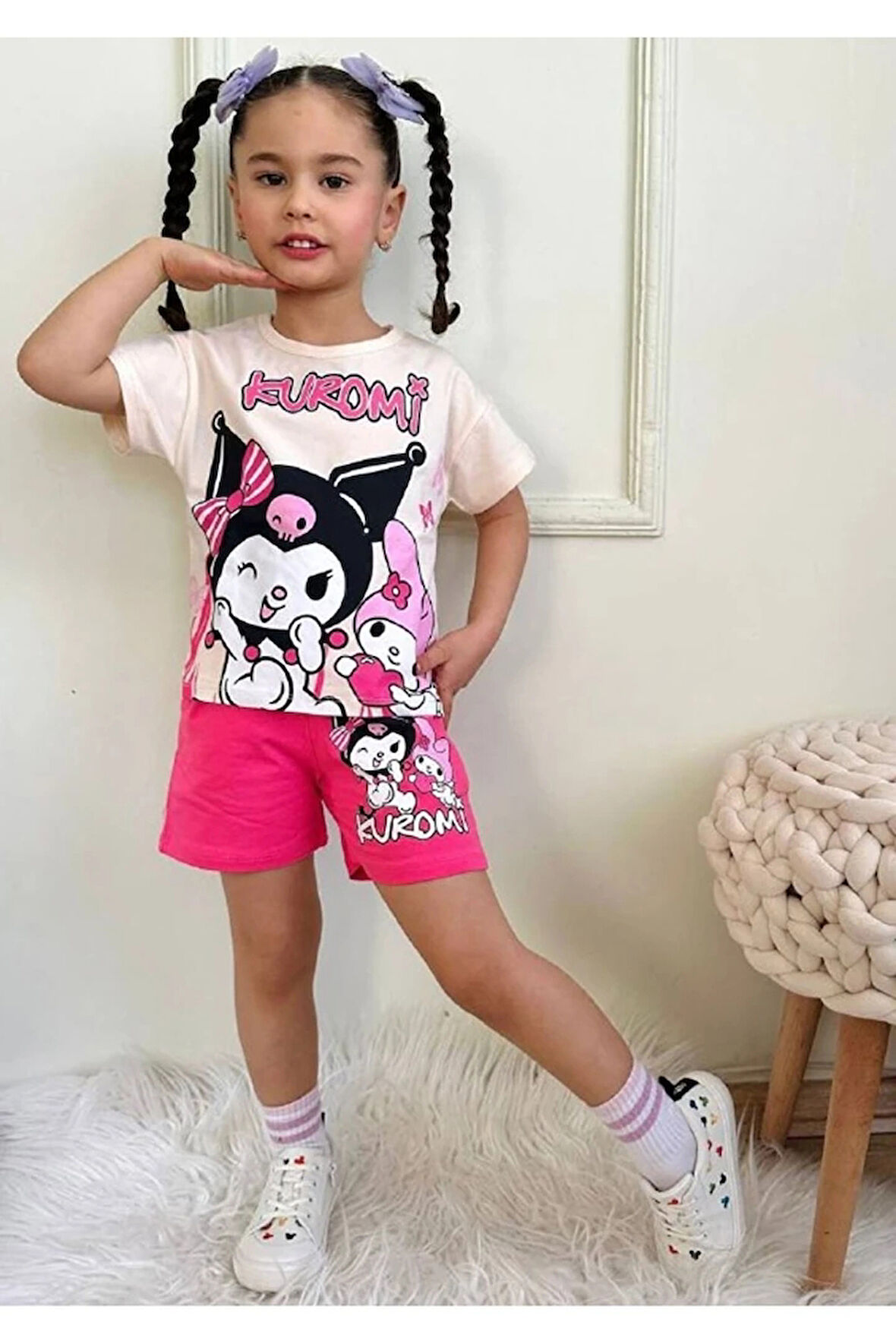 PJKSKT Kuromi Desenli Fuşya Şortlu Kız Çocuk Kısa Kol Takım 7532-F