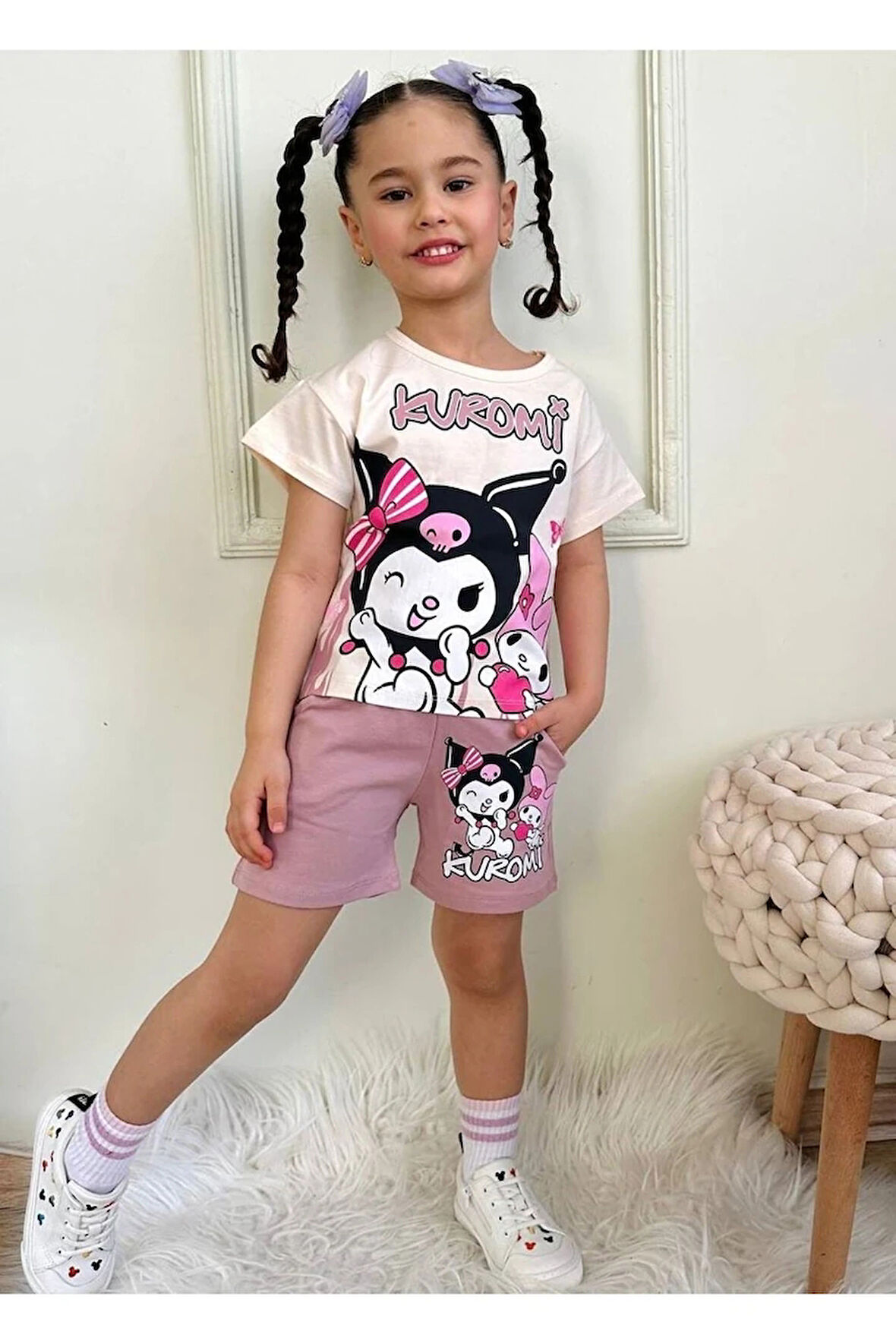 PJKSKT Kuromi Desenli Gül Kurusu Şortlu Kız Çocuk Kısa Kol Takım 7532-GK