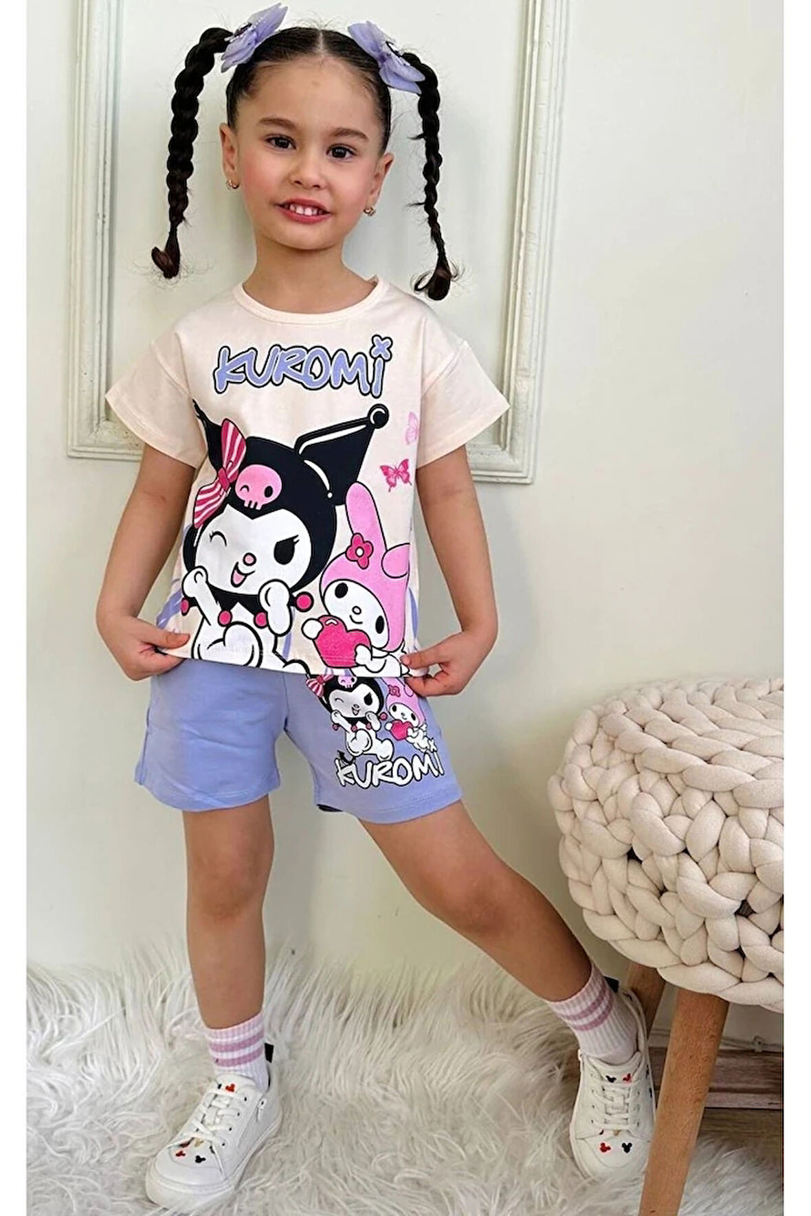 PJKSKT Kuromi Desenli Lila Şortlu Kız Çocuk Kısa Kol Takım 7532-L
