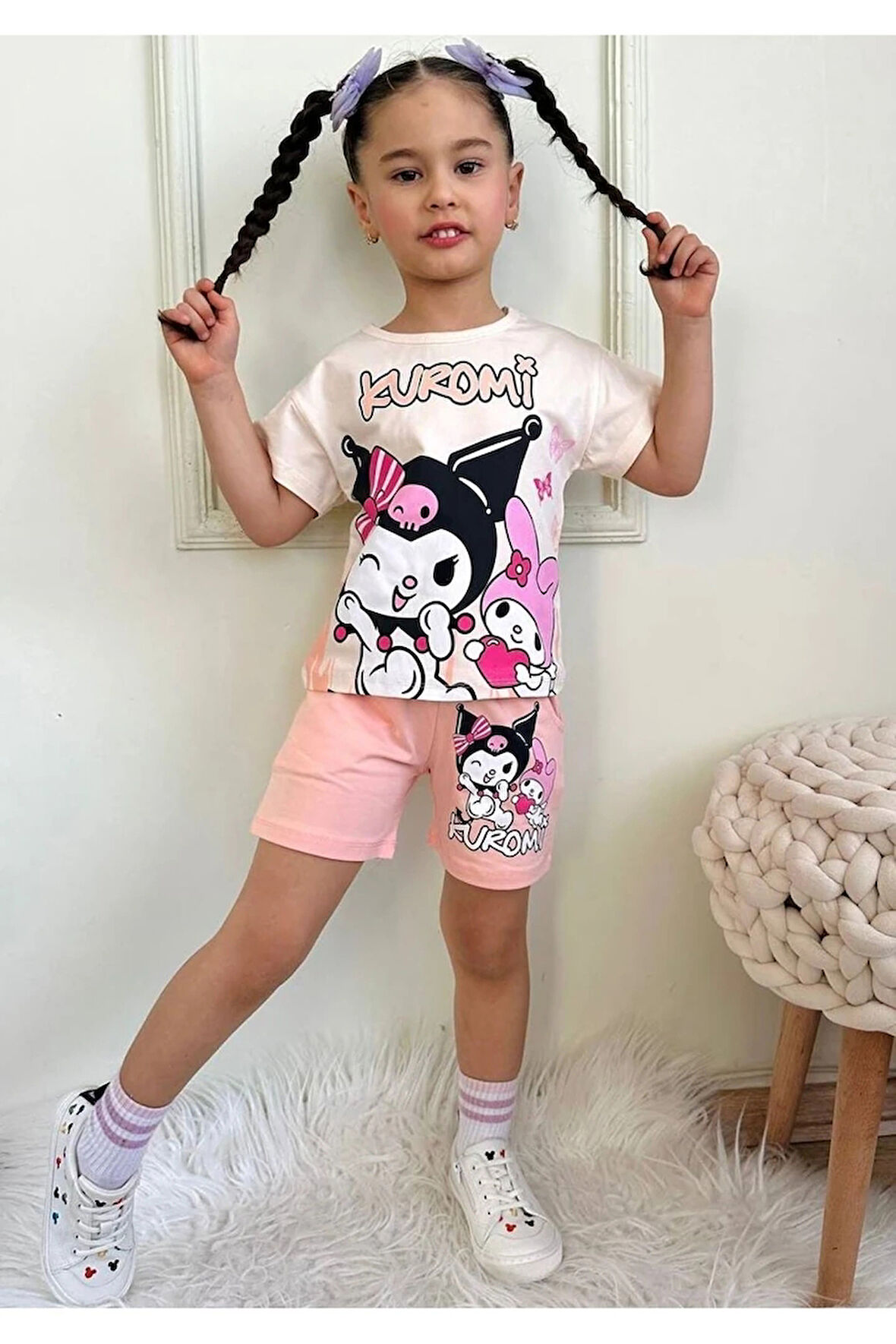 PJKSKT Kuromi Desenli Somon Şortlu Kız Çocuk Kısa Kol Takım 7532-S