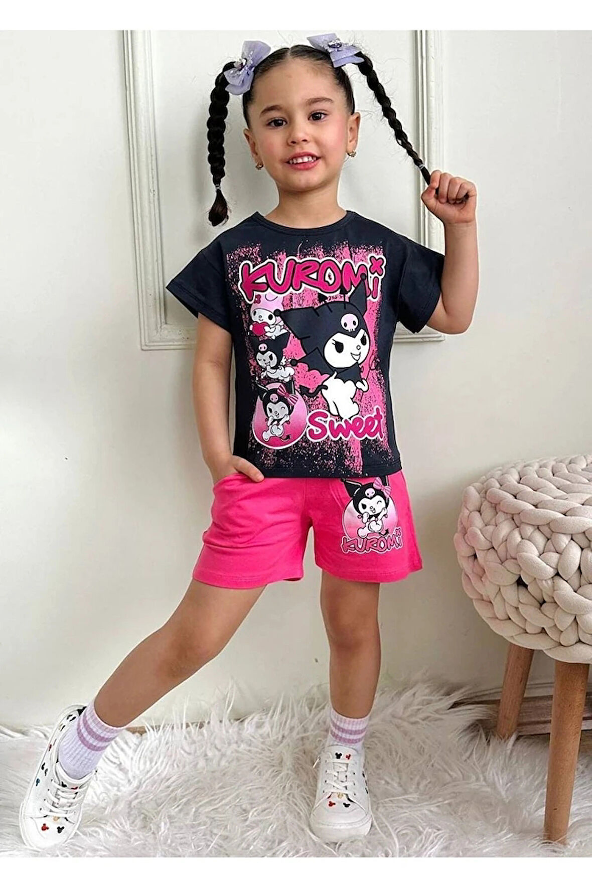 PJKSKT Kuromi Desenli Fuşya Şortlu Kız Çocuk Kısa Kol Takım 7533-F