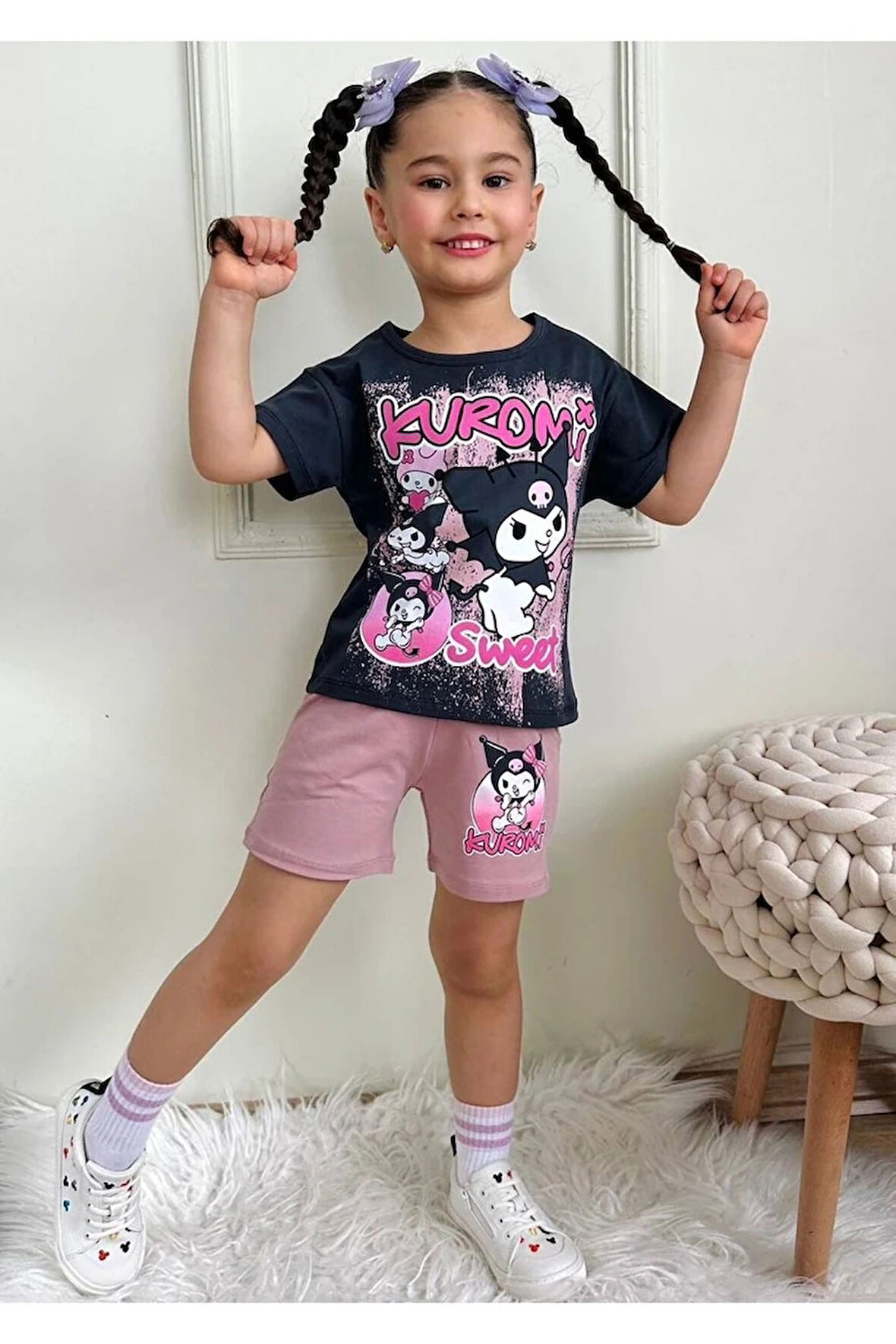 PJKSKT Kuromi Desenli Gül Kurusu Şortlu Kız Çocuk Kısa Kol Takım 7533-GK