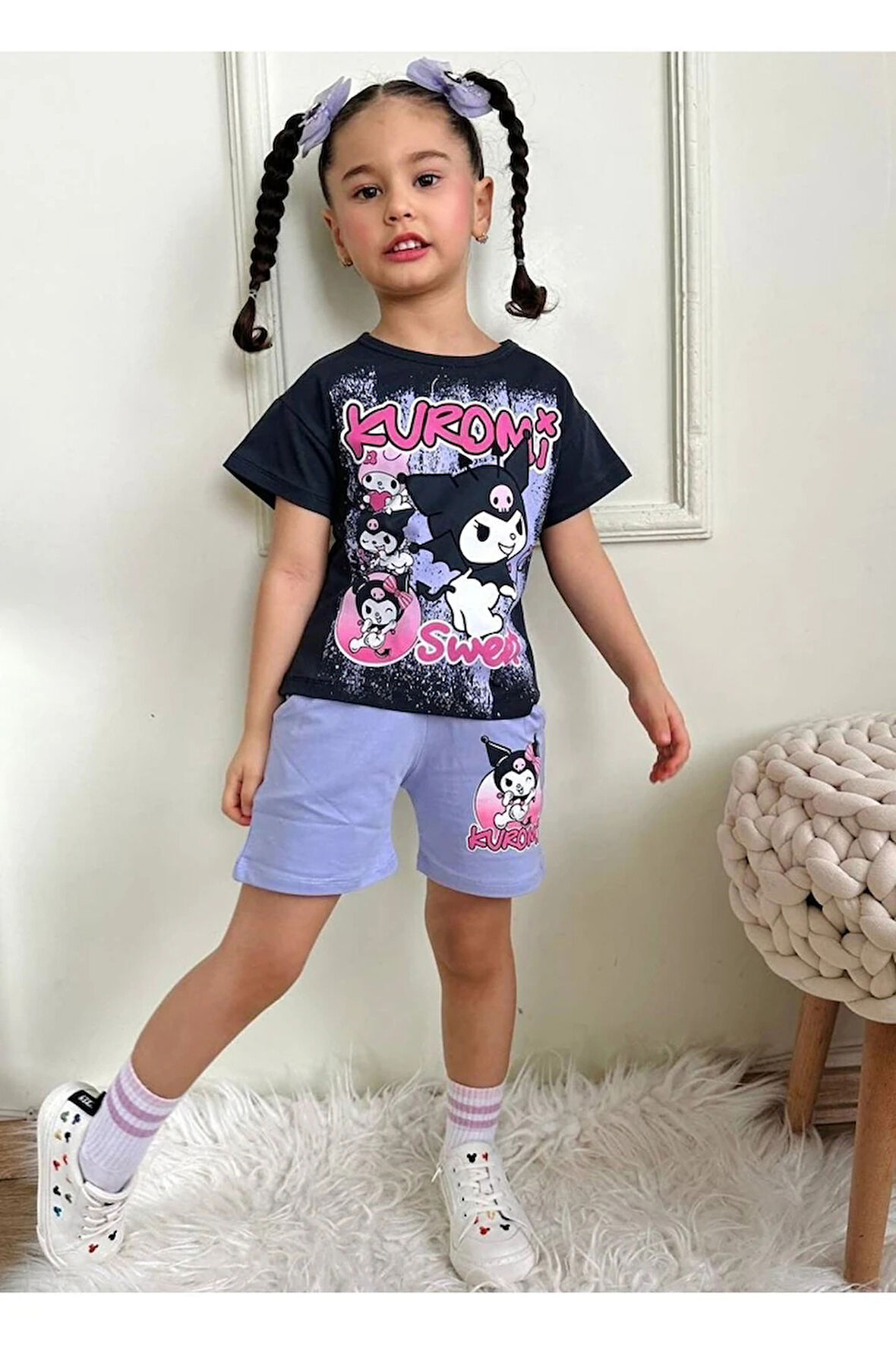 PJKSKT Kuromi Desenli Lila Şortlu Kız Çocuk Kısa Kol Takım 7533-L