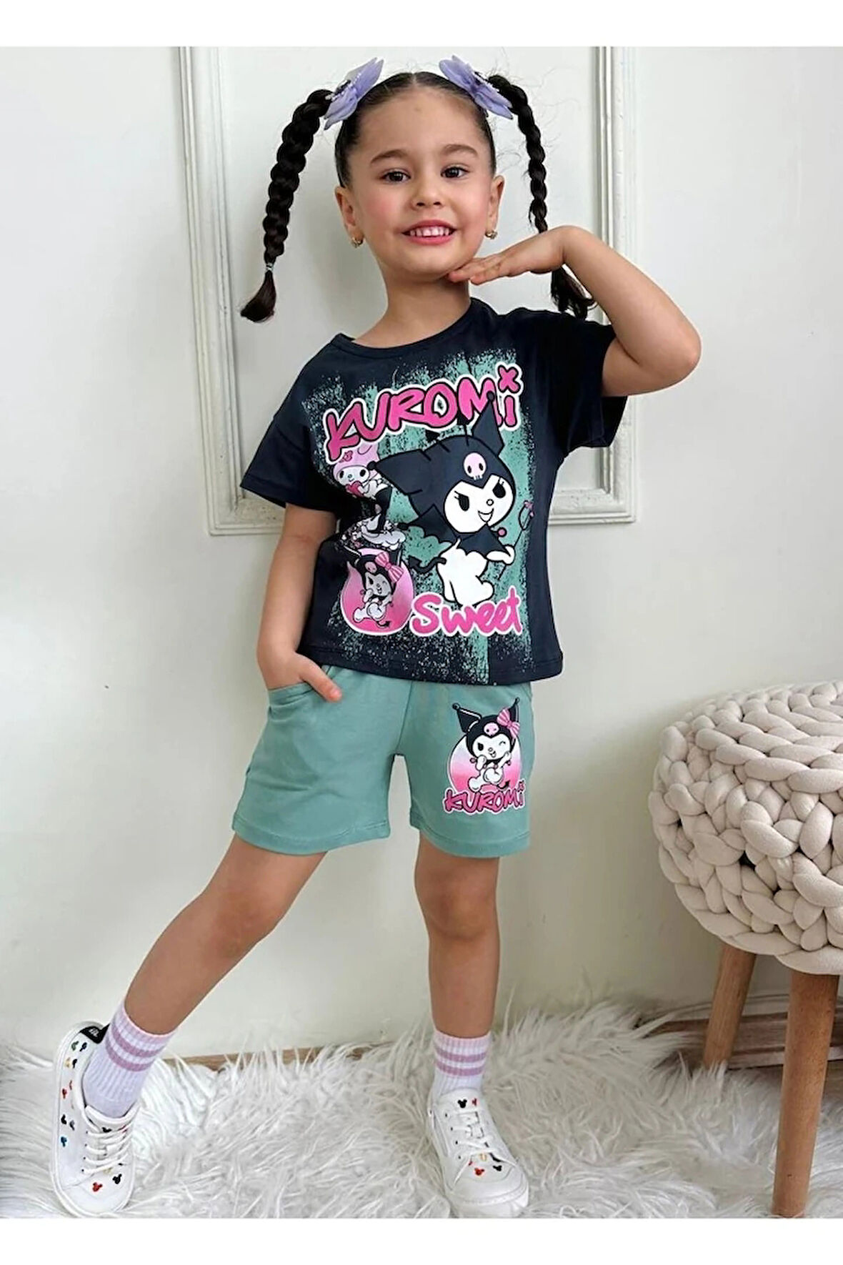PJKSKT Kuromi Desenli Yeşil Şortlu Kız Çocuk Kısa Kol Takım 7533-Y