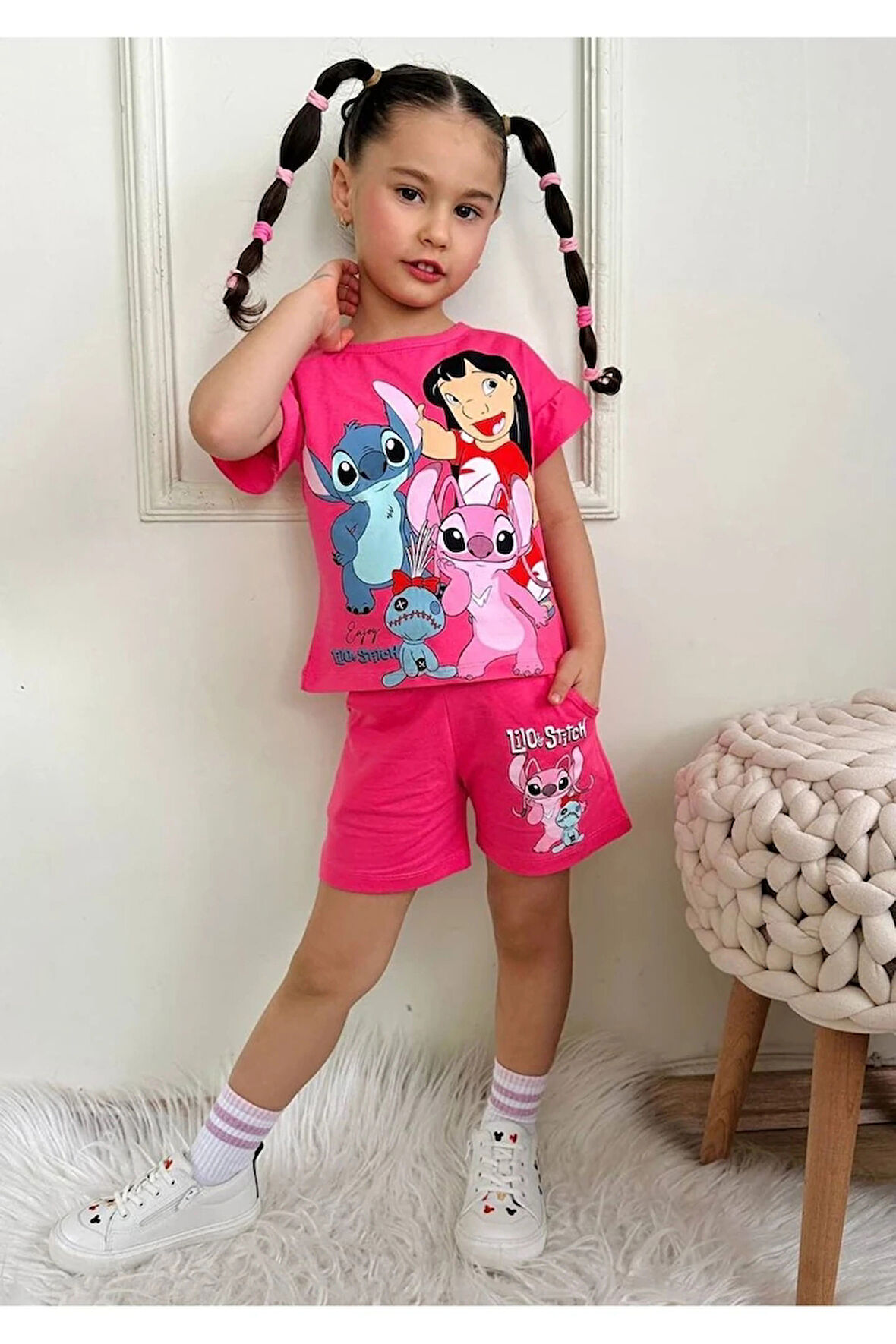 PJKSKT Stitch Desenli Fuşya Şortlu Kız Çocuk Kısa Kol Takım 7534-F