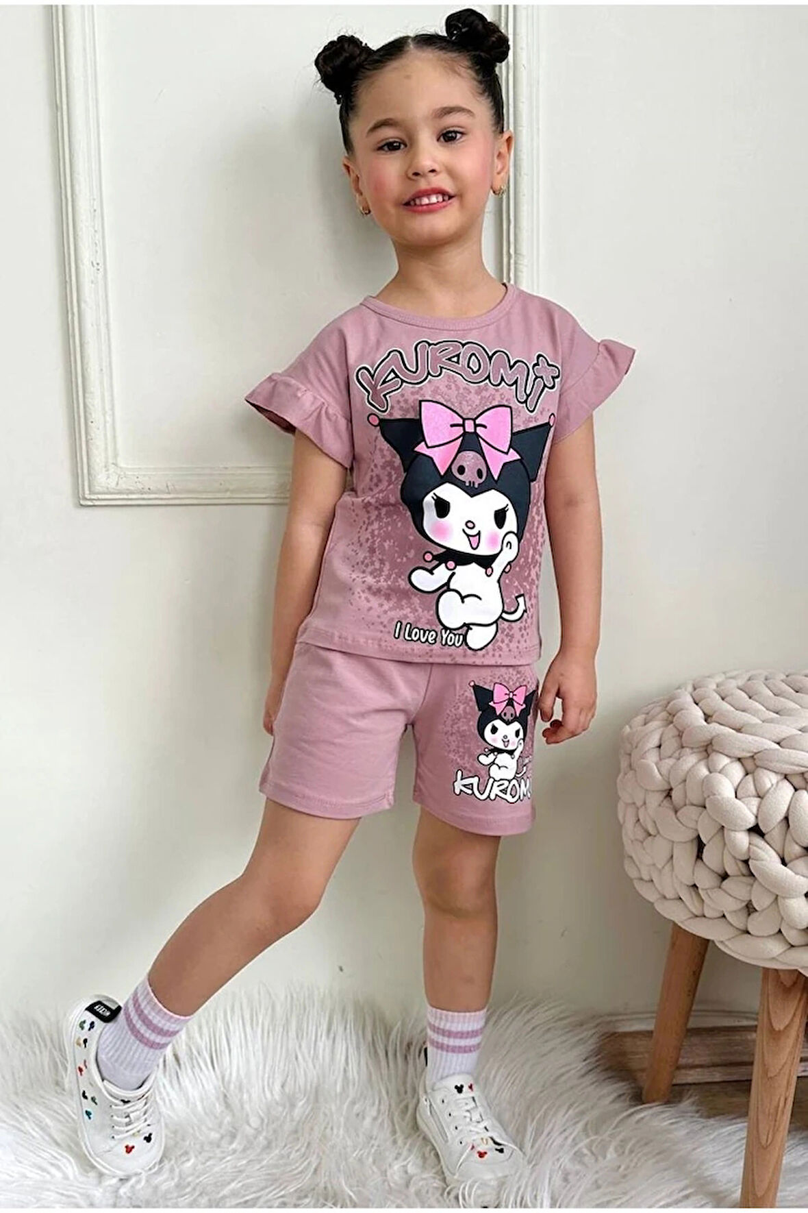 PJKSKT Kuromi Desenli Gül Kurusu Şortlu Kız Çocuk Kısa Kol Takım 7535-GK
