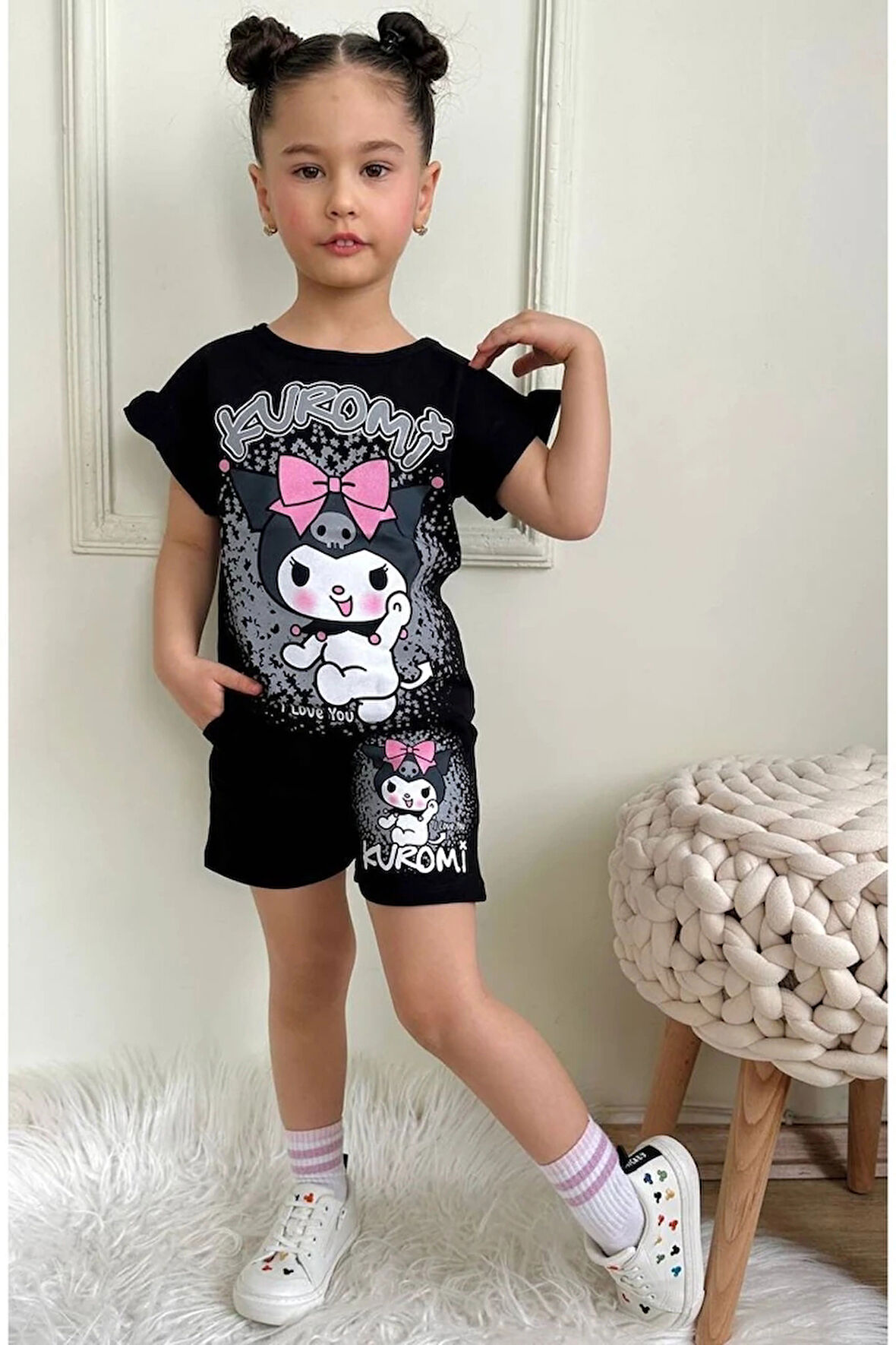 PJKSKT Kuromi Desenli Siyah Şortlu Kız Çocuk Kısa Kol Takım 7535-S