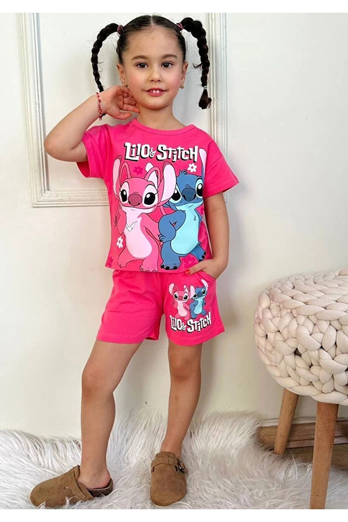 PJKSKT Stitch Desenli Fuşya Şortlu Kız Çocuk Kısa Kol Takım 7537-F