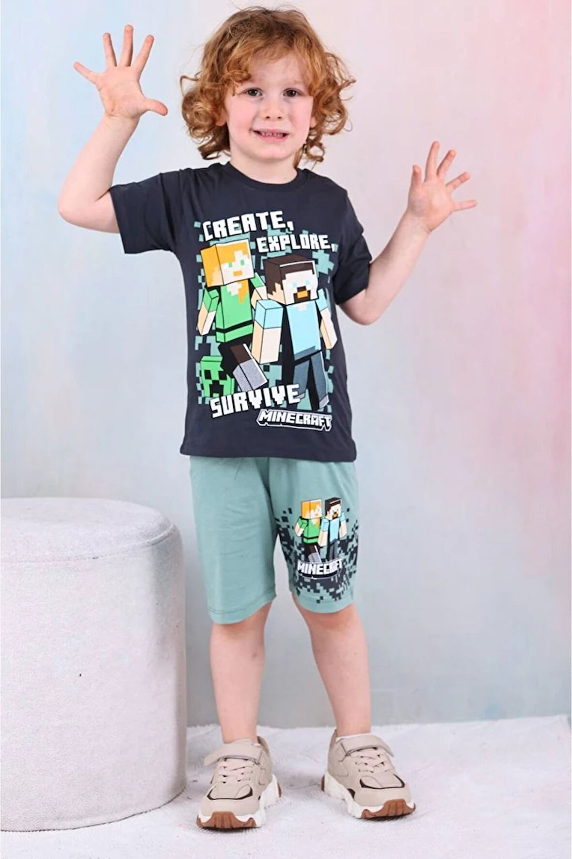 PJKSKT Minec Desenli Yeşil Şortlu Erkek Çocuk Kısa Kol Takım 7547-Y