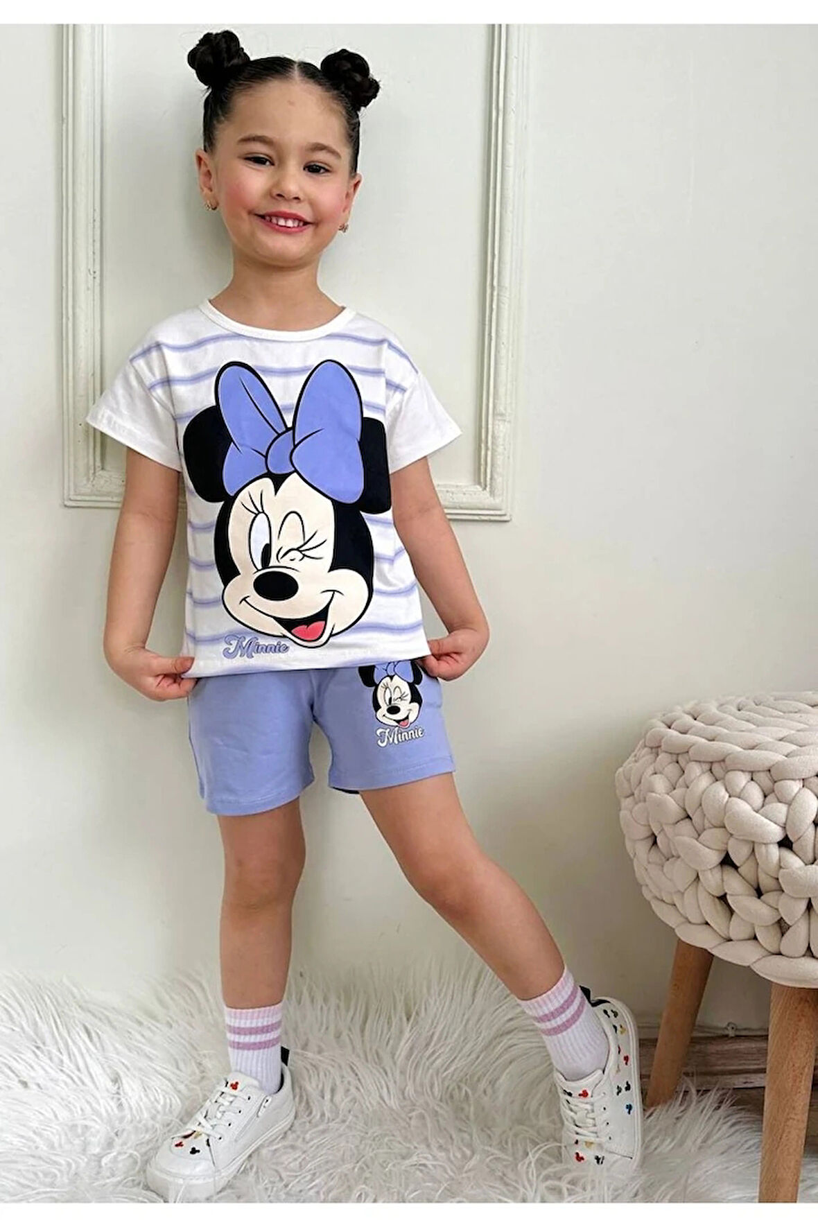 PJKSKT Çizgili Minnie Mause Desenli Lila Şortlu Kız Çocuk Kısa Kol Takım 7550-L