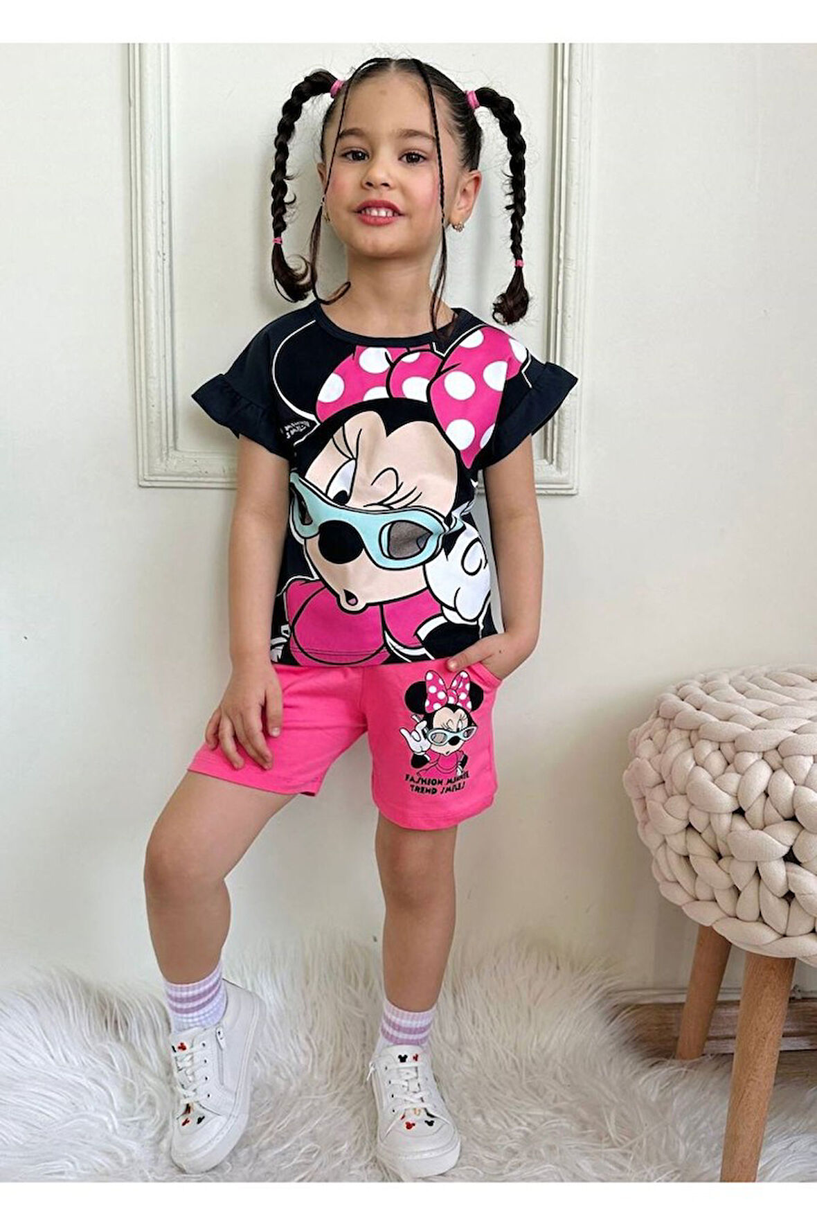 PJKSKT Minnie Mause Desenli Fuşya Şortlu Kız Çocuk Kısa Kol Takım 7551-F
