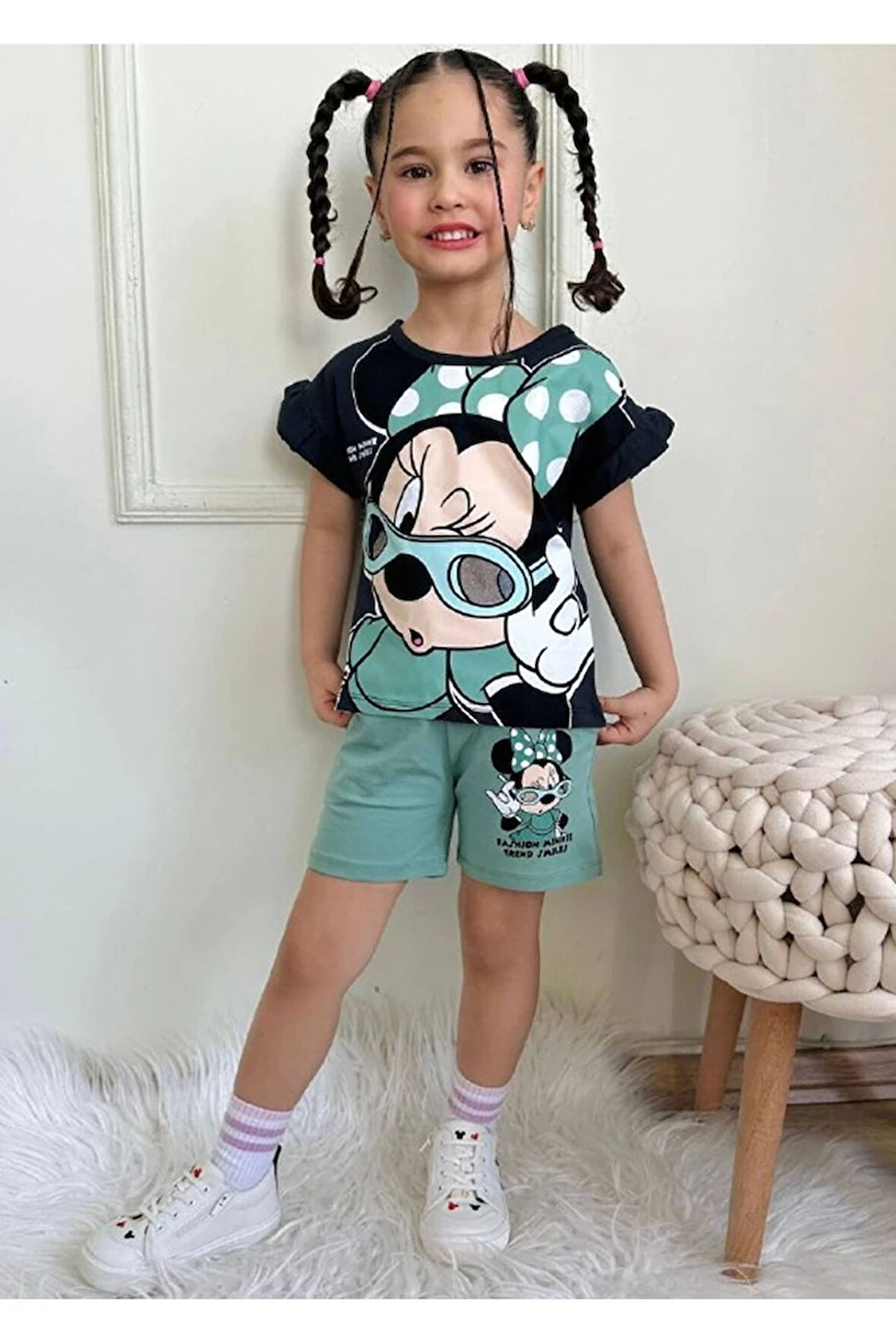 PJKSKT Minnie Mause Desenli Yeşil Şortlu Kız Çocuk Kısa Kol Takım 7551-Y