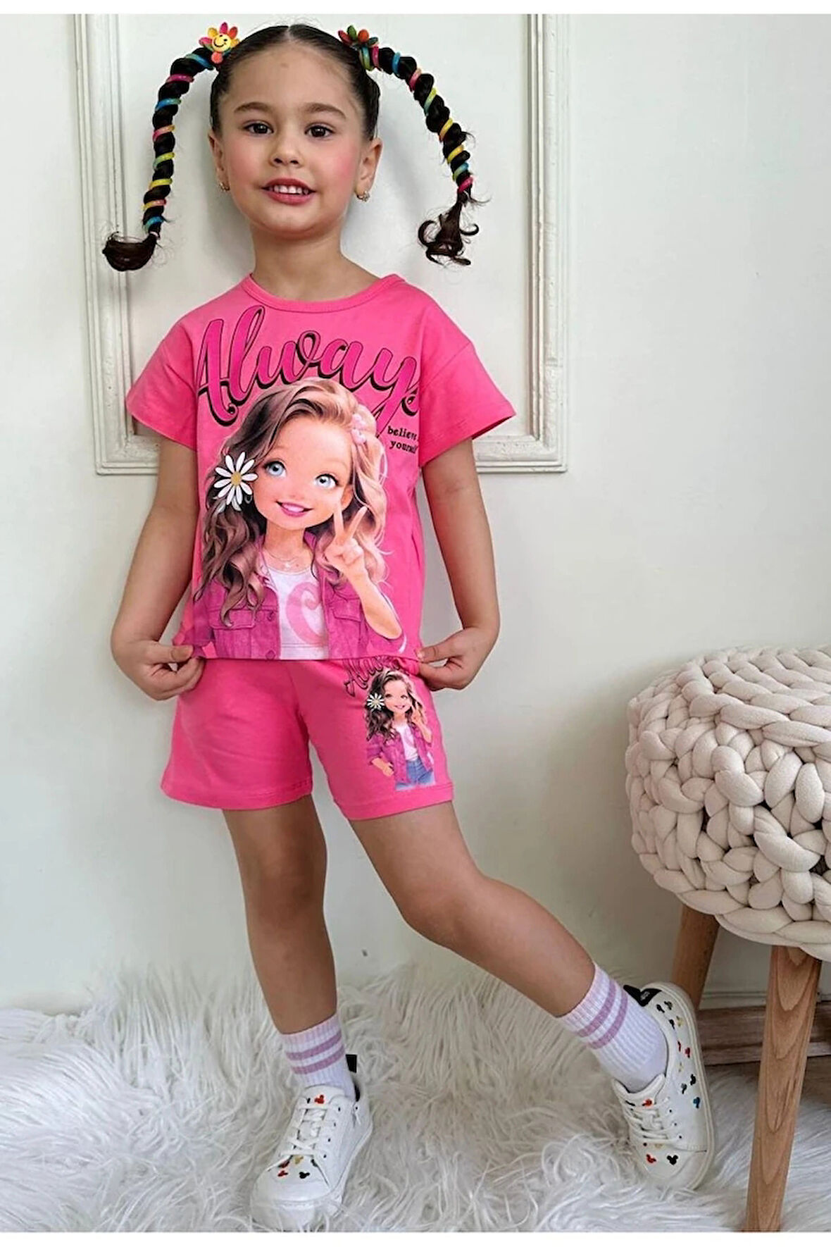 PJKSKT Always Believe Desenli Fuşya Şortlu Kız Çocuk Kısa Kol Takım 7552-F