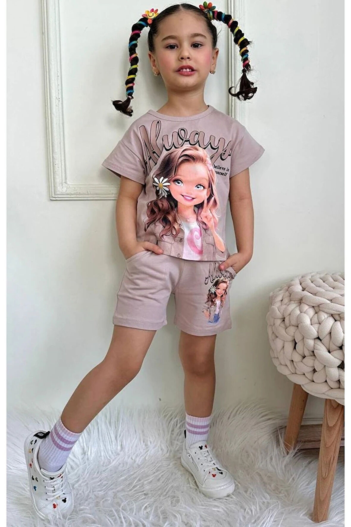 PJKSKT Always Believe Desenli Bej Şortlu Kız Çocuk Kısa Kol Takım 7552-GK