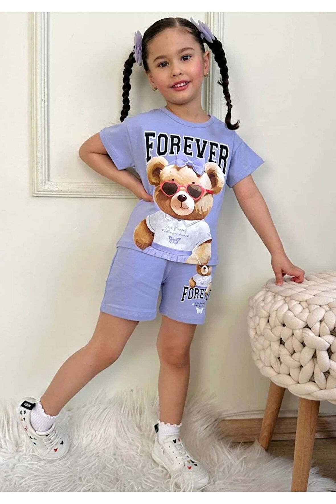 PJKSKT Forever Tatlı Ayıcık Desenli Lila Şortlu Kız Çocuk Kısa Kol Takım 7554-L