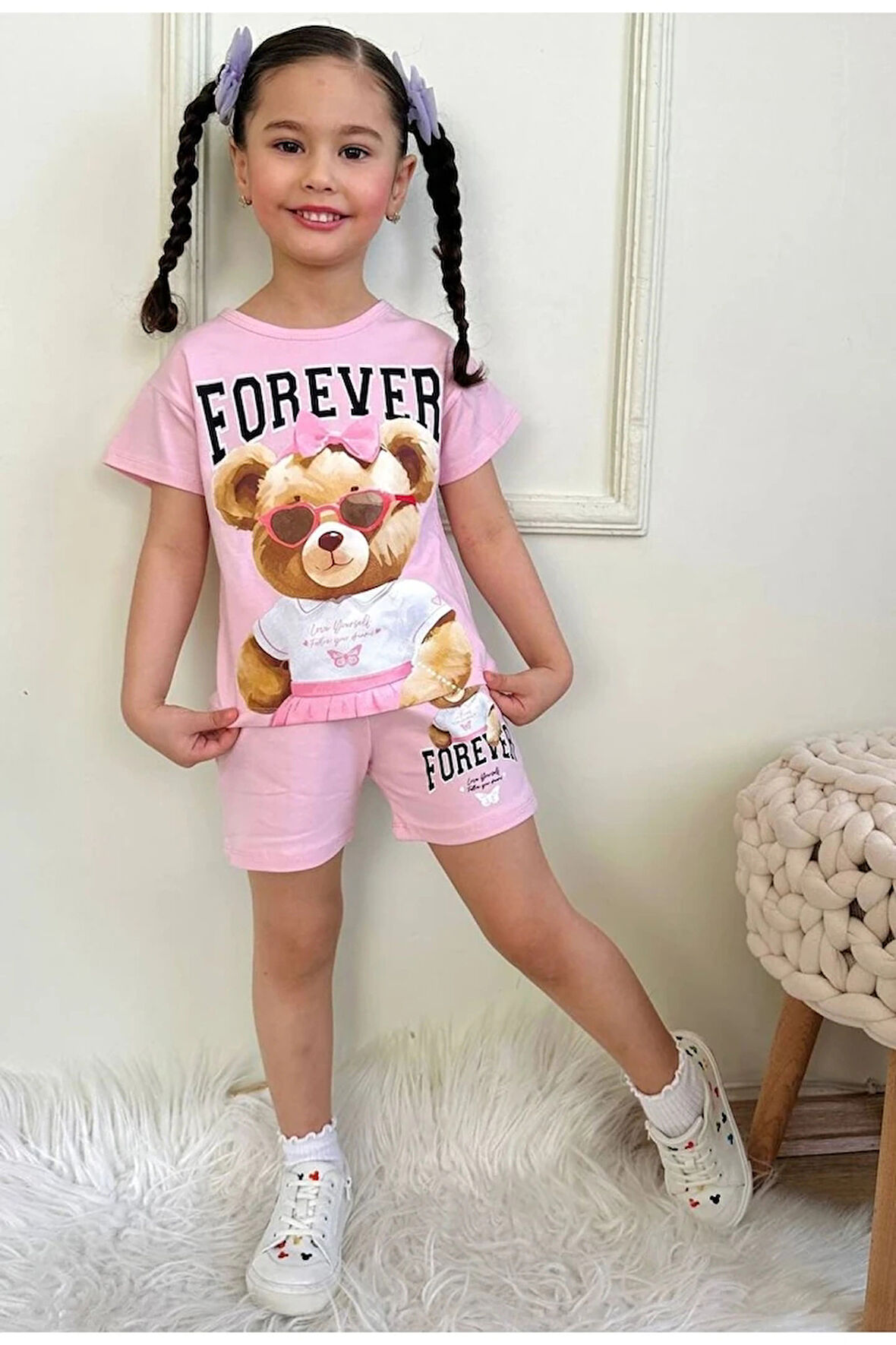 PJKSKT Forever Tatlı Ayıcık Desenli Pembe Şortlu Kız Çocuk Kısa Kol Takım 7554-P