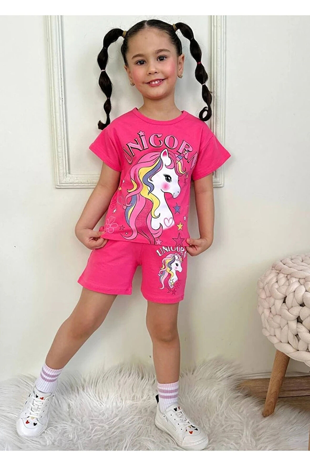 PJKSKT Unicorn Desenli Fuşya Şortlu Kız Çocuk Kısa Kol Takım 7556-F