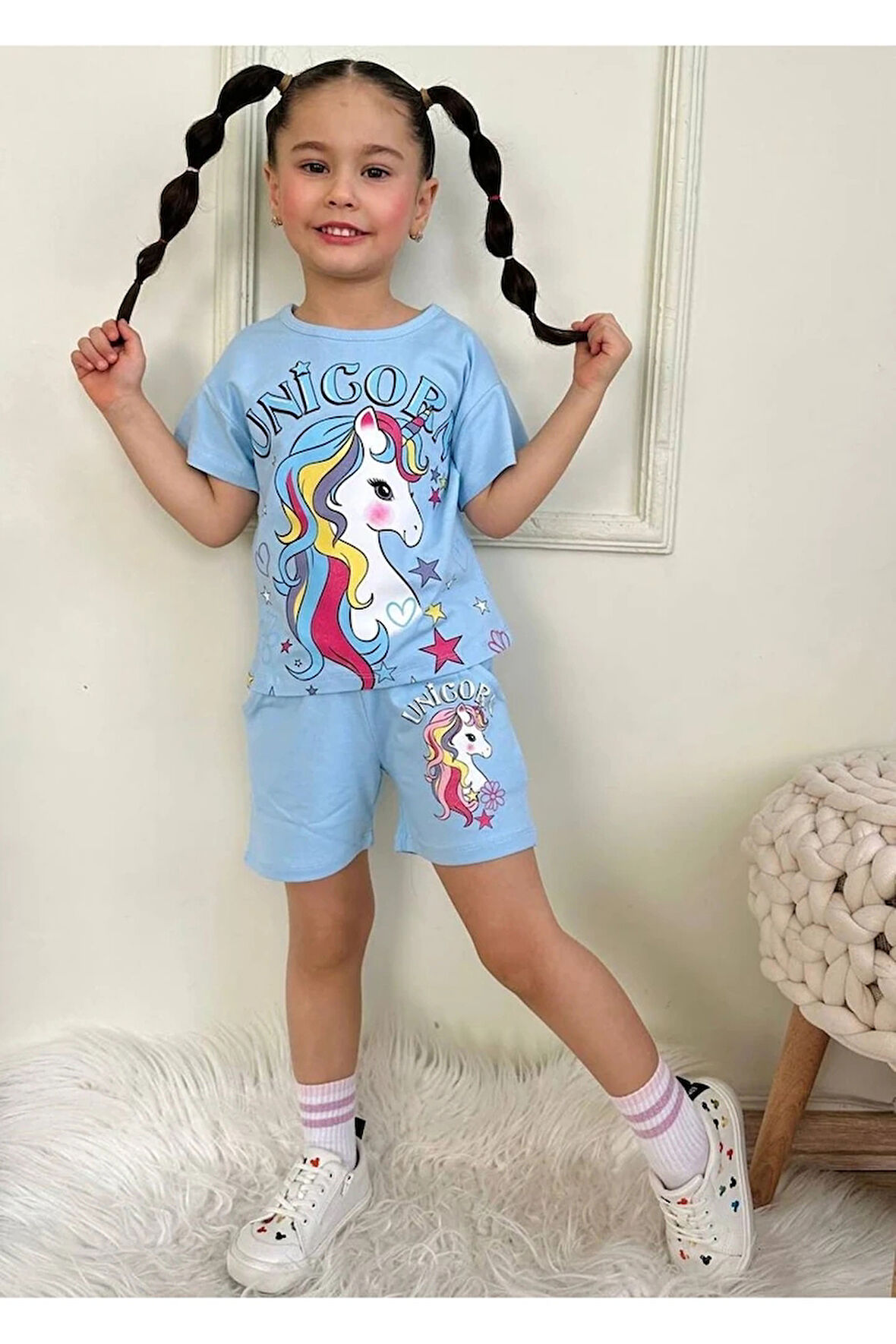 PJKSKT Unicorn Desenli Mavi Şortlu Kız Çocuk Kısa Kol Takım 7556-M