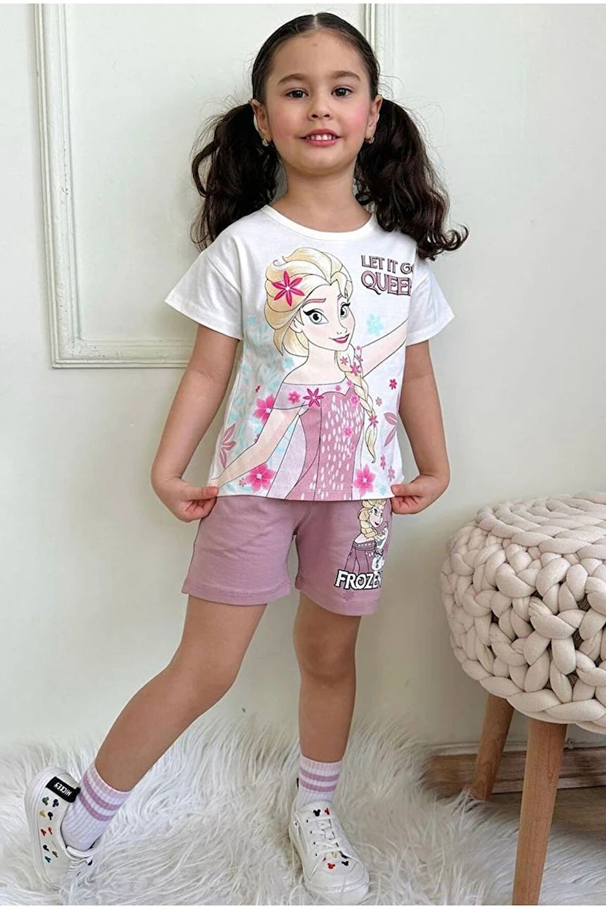 PJKSKT Frouzen Elsa Desenli Gül Kurusu Şortlu Kız Çocuk Kısa Kol Takım 7560-GK