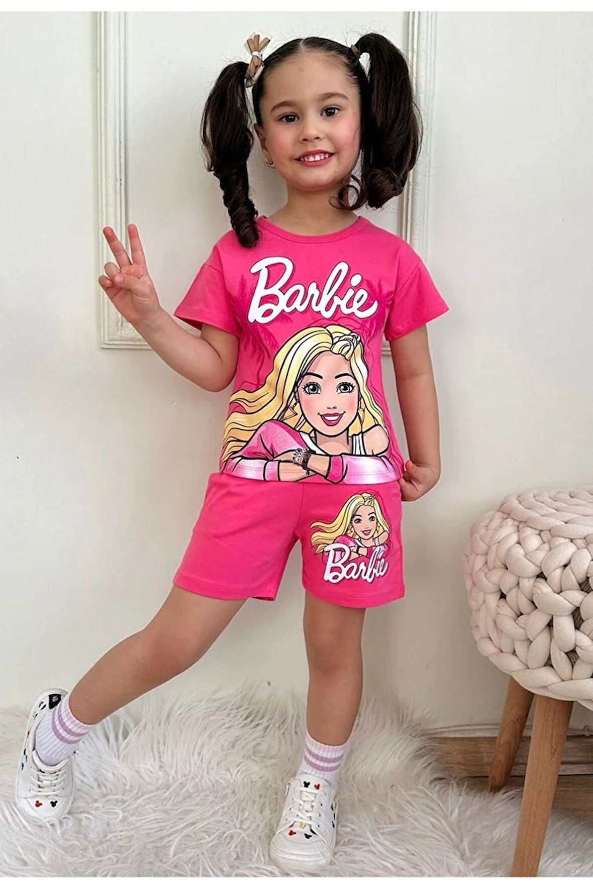 PJKSKT Barbie Desenli Fuşya Şortlu Kız Çocuk Kısa Kol Takım 7565-F