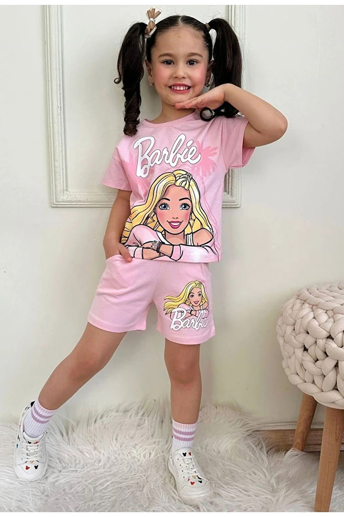 PJKSKT Barbie Desenli Pembe Şortlu Kız Çocuk Kısa Kol Takım 7565-P