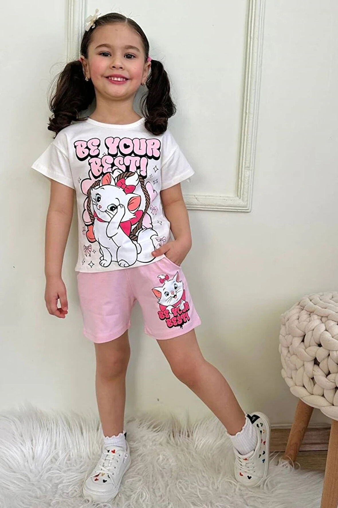 PJKSKT Sevimli Kedicik Desenli Pembe Şortlu Kız Çocuk Kısa Kol Takım 7566-P