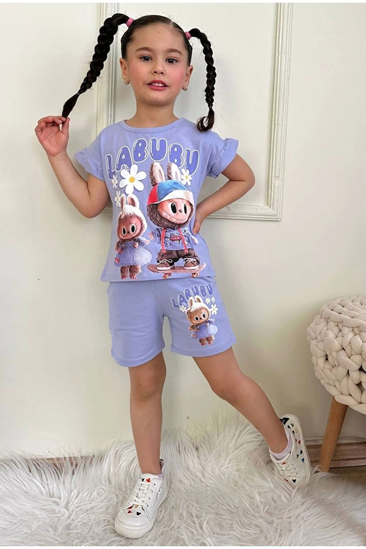 PJKSKT Labubu Desenli Lila Şortlu Kız Çocuk Kısa Kol Takım 7567-L