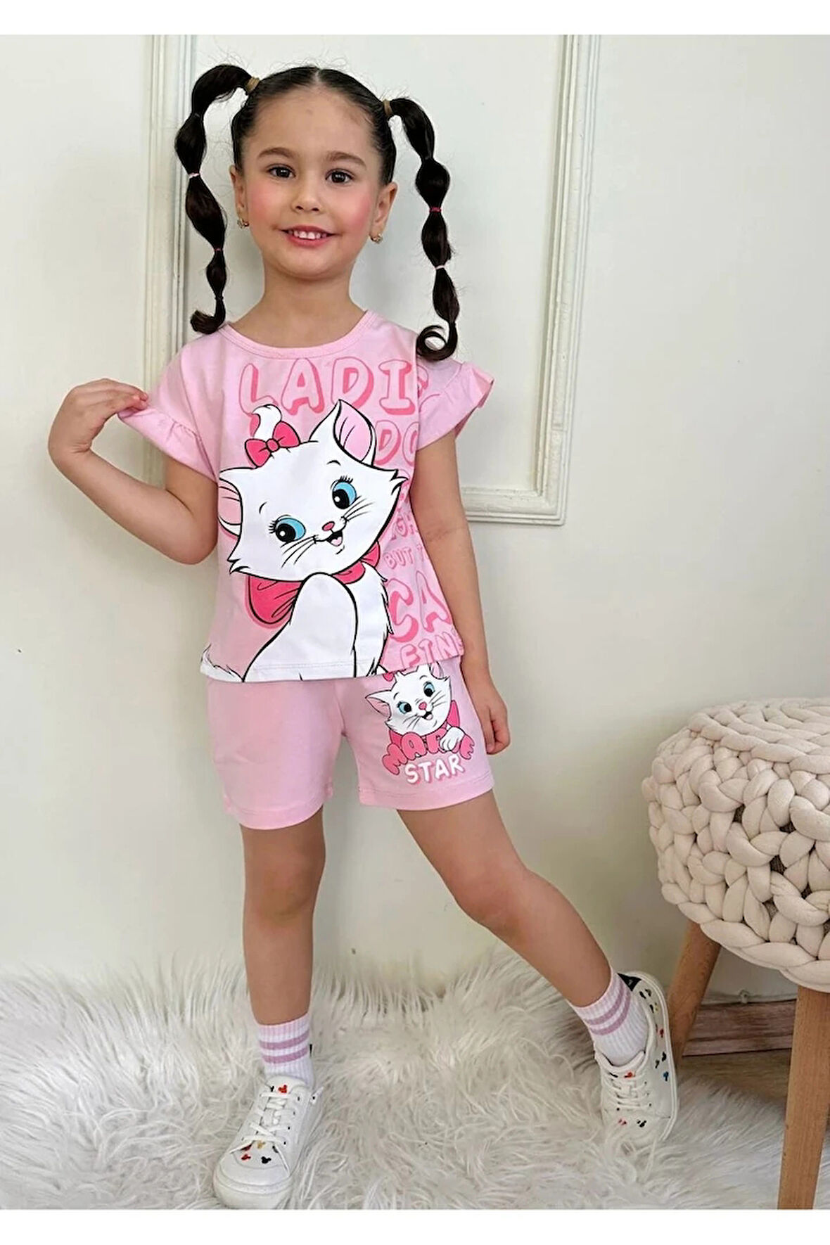 PJKSKT Sevimli Kedicik Desenli Pembe Şortlu Kız Çocuk Kısa Kol Takım 7568-P