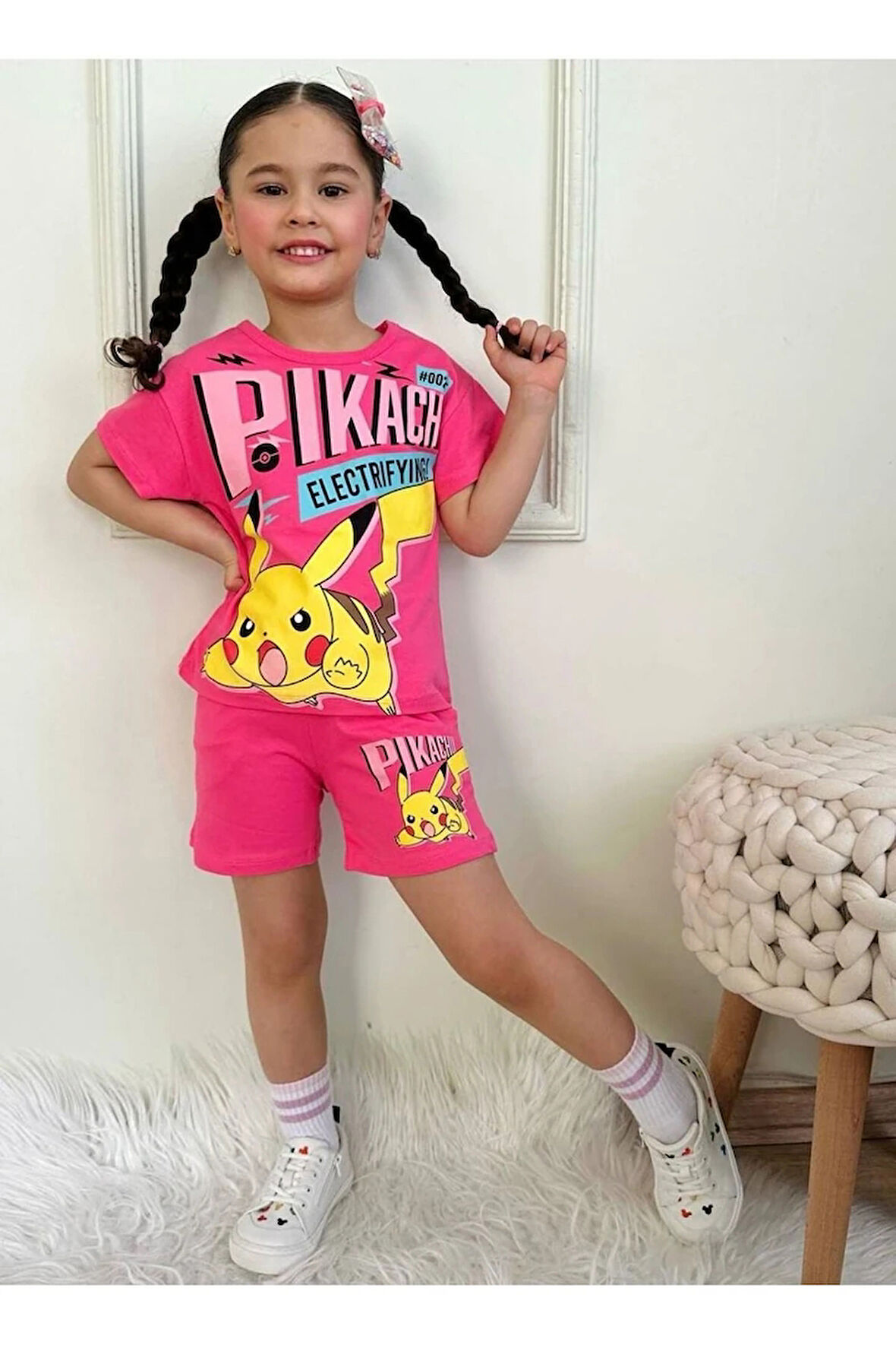 PJKSKT Pikachu Desenli Fuşya Şortlu Kız Çocuk Kısa Kol Takım 7569-F