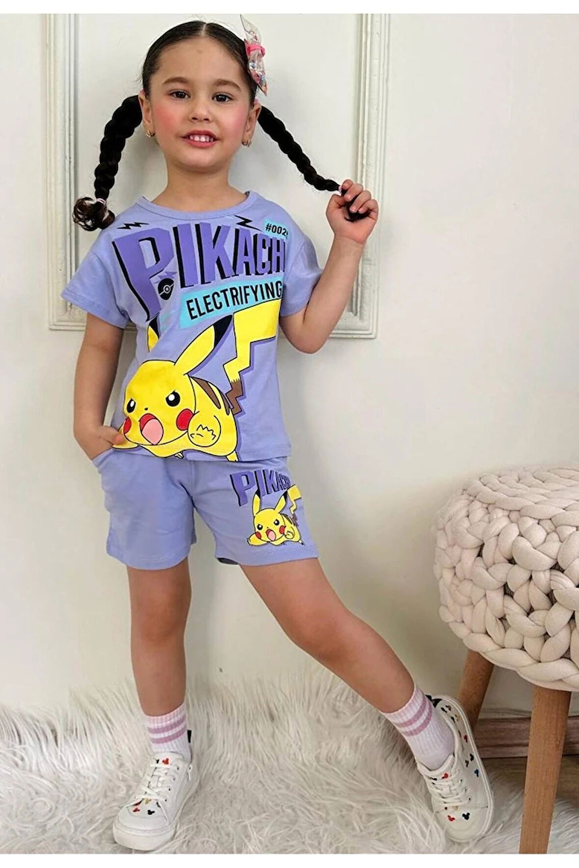 PJKSKT Pikachu Desenli Lila Şortlu Kız Çocuk Kısa Kol Takım 7569-L