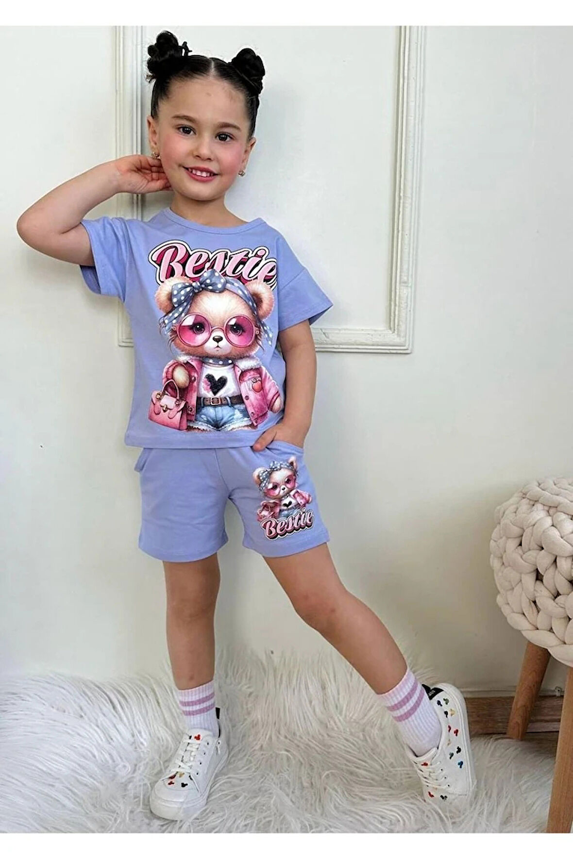 PJKSKT Süslü Ayıcık Desenli Lila Şortlu Kız Çocuk Kısa Kol Takım 7573-L