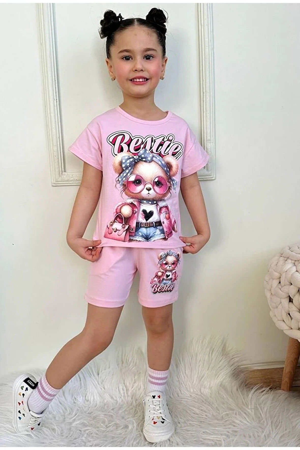 PJKSKT Süslü Ayıcık Desenli Pembe Şortlu Kız Çocuk Kısa Kol Takım 7573-P