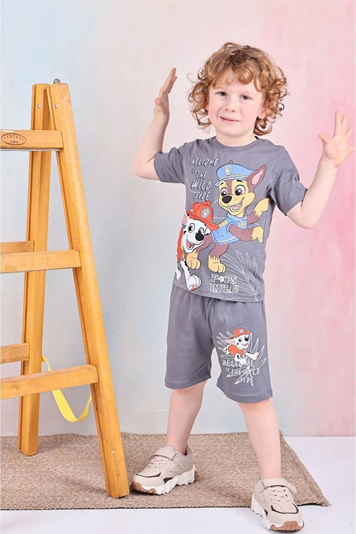 PJKSKT Paw Petrol Desenli Füme Şortlu Erkek Çocuk Kısa Kol Takım 7581-F