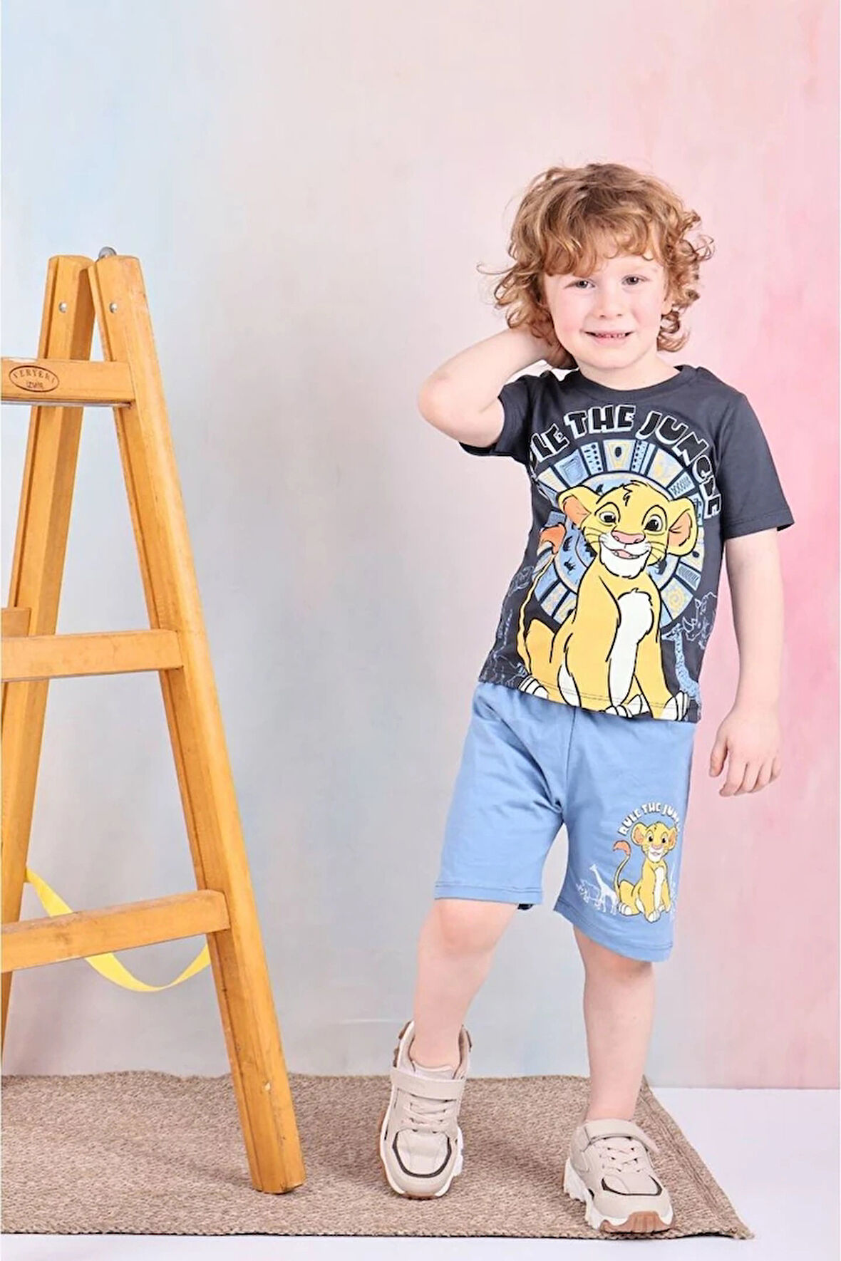 PJKSKT Lion King Desenli Mavi Şortlu Erkek Çocuk Kısa Kol Takım 7582-M