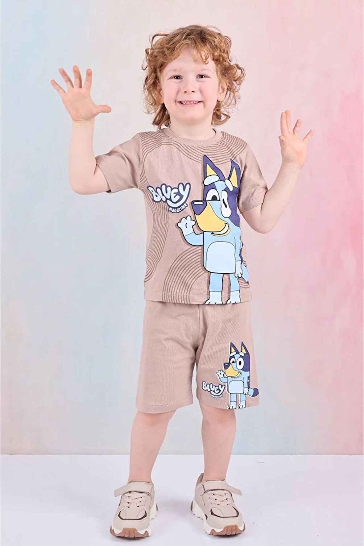 PJKSKT Bluey Desenli Bej Şortlu Erkek Çocuk Kısa Kol Takım 7583-B