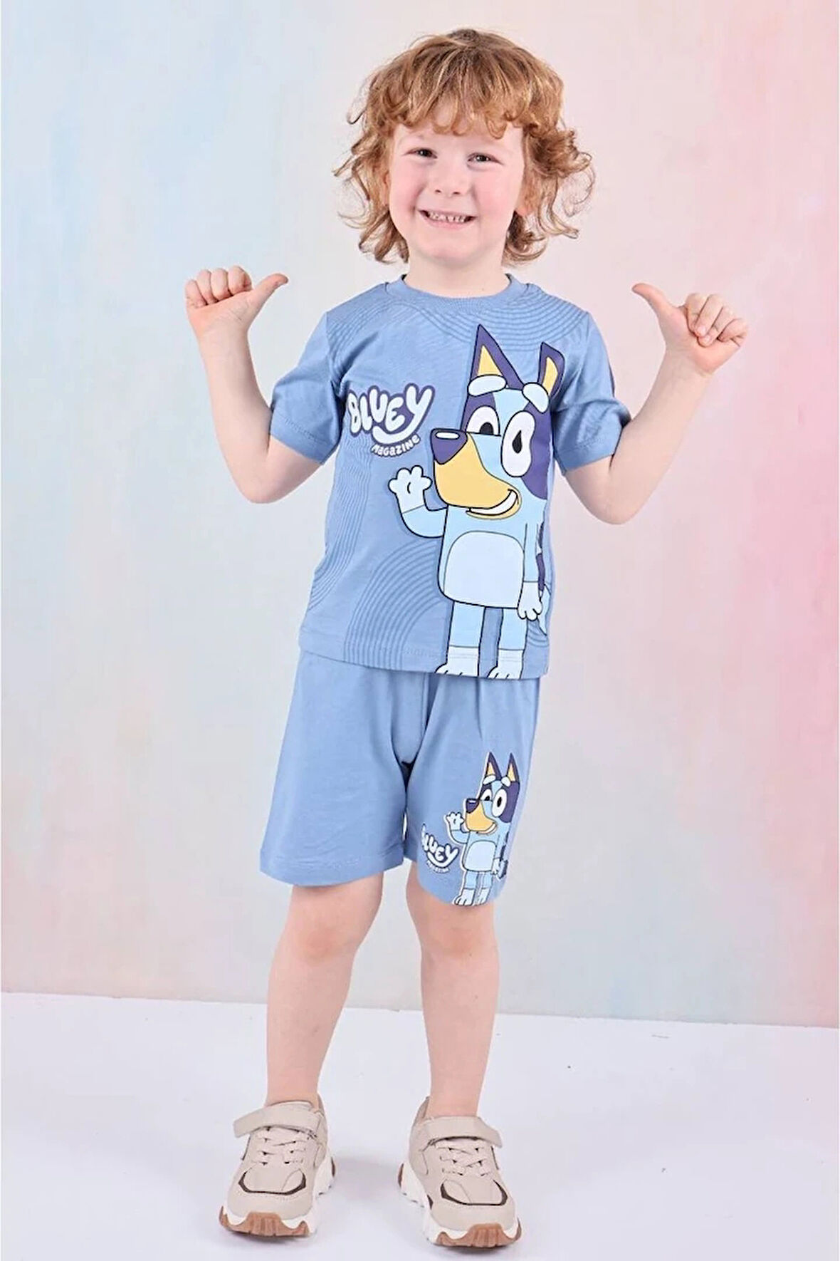 PJKSKT Bluey Desenli Mavi Şortlu Erkek Çocuk Kısa Kol Takım 7583-M