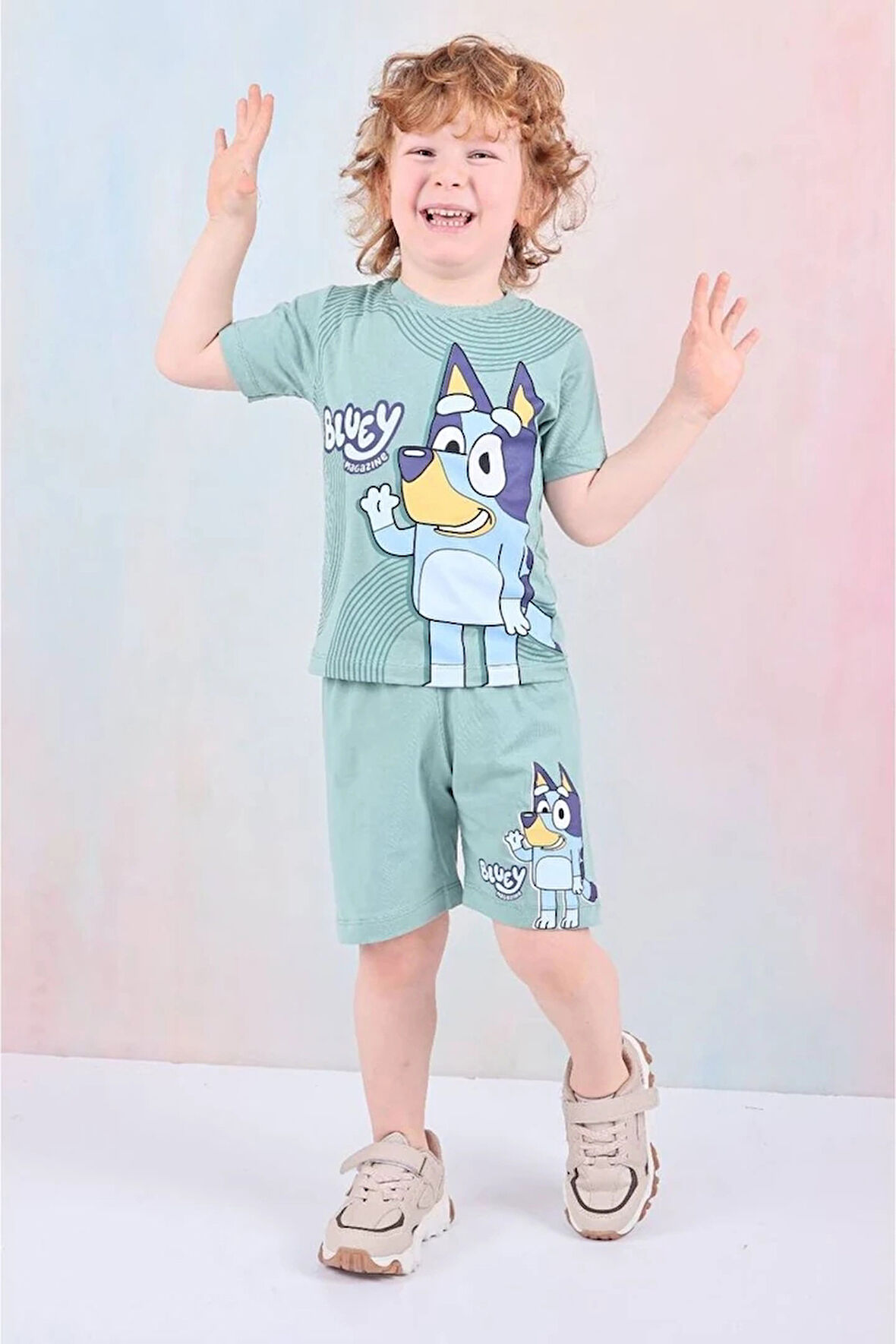 PJKSKT Bluey Desenli Yeşil Şortlu Erkek Çocuk Kısa Kol Takım 7583-Y