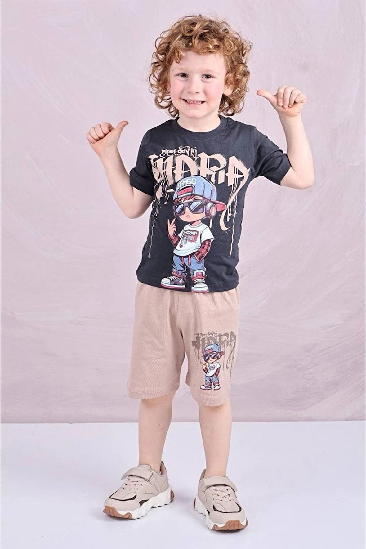PJKSKT Rapçı Çocuk Desenli Bej Şortlu Erkek Çocuk Kısa Kol Takım 7584-B
